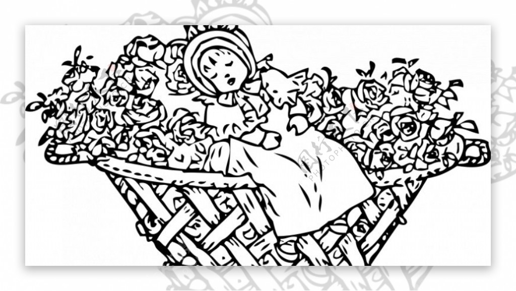 矢量插画的婴儿在玫瑰花篮