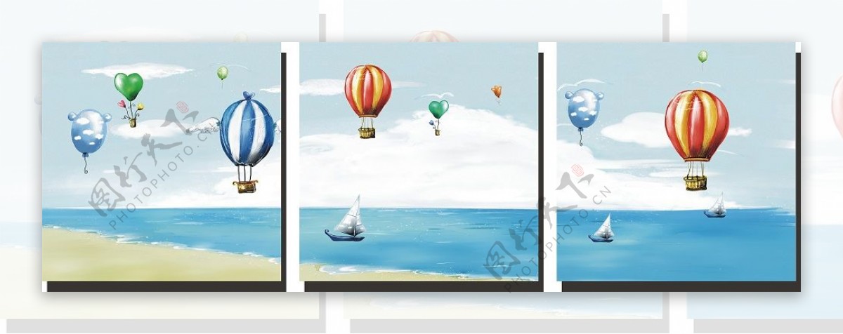 时尚家装海边气球无框画三联画高清矢量下载