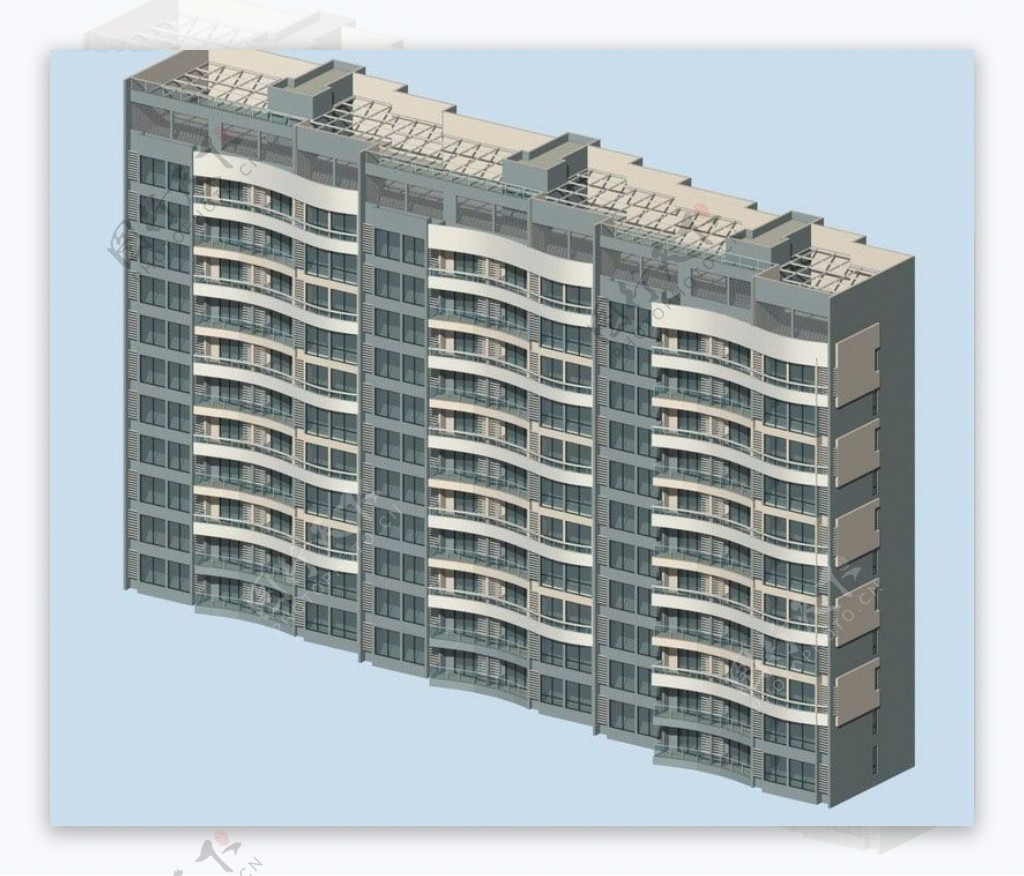 三联排曲面高层住宅楼建筑3D模型