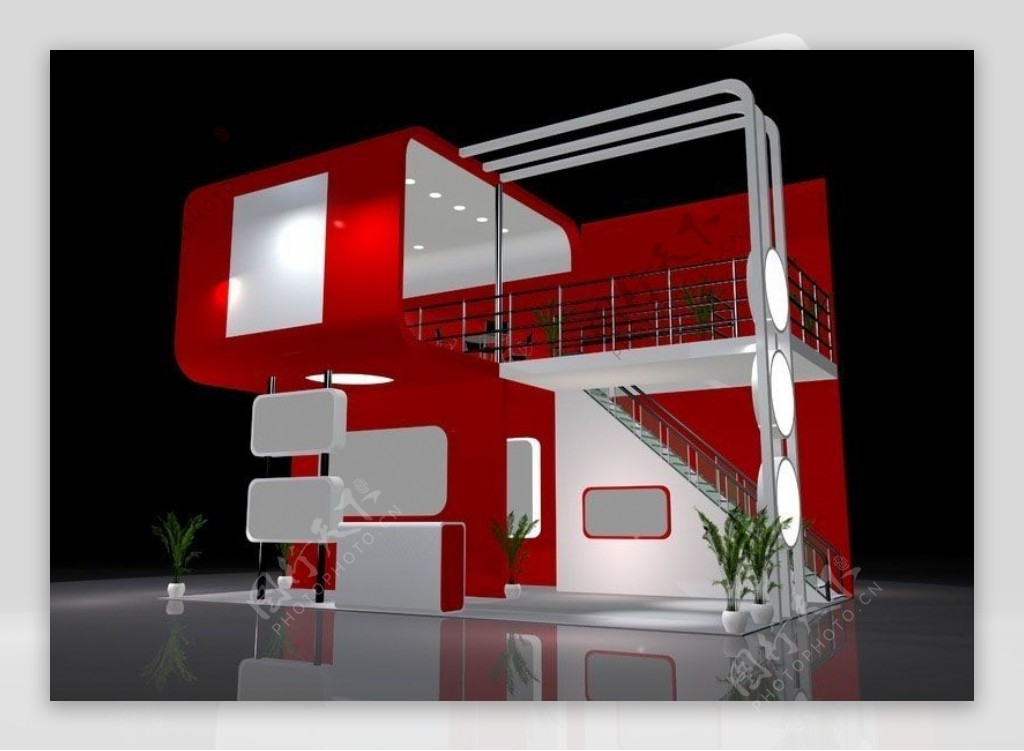 红色背景产品展厅3D模型效果图