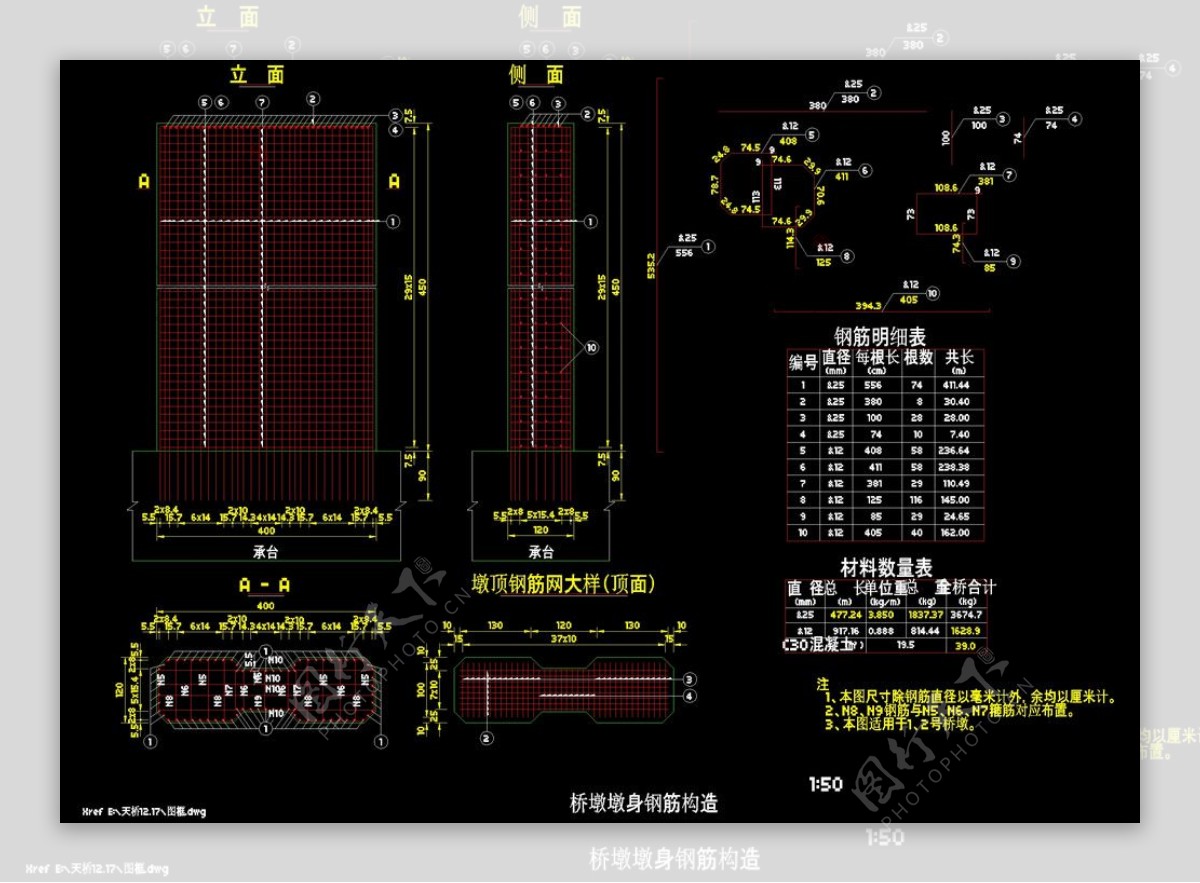 桥墩墩身钢筋构造cad图纸