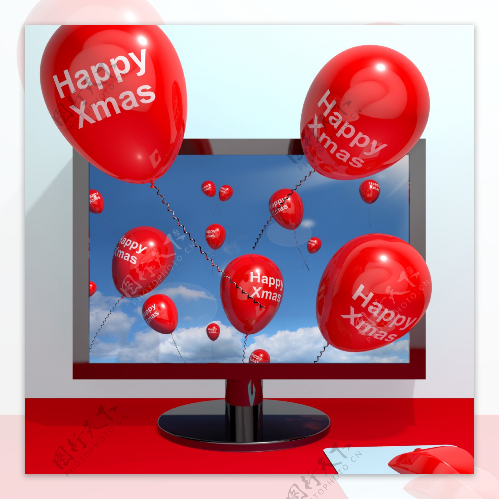 红气球圣诞快乐从电脑屏幕在线的问候