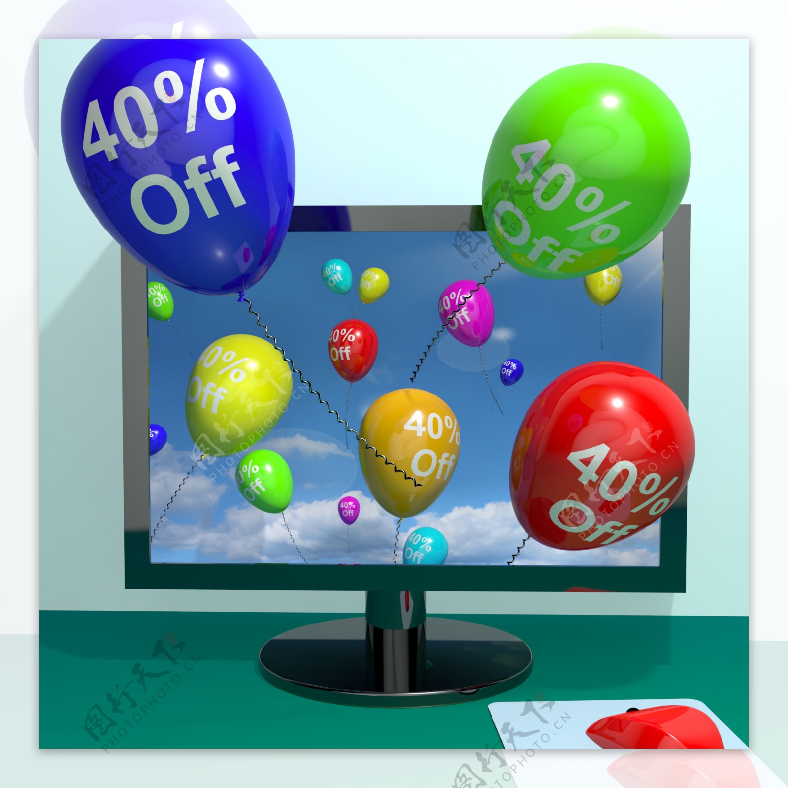 40从计算机显示百分之四十在线销售折扣的气球