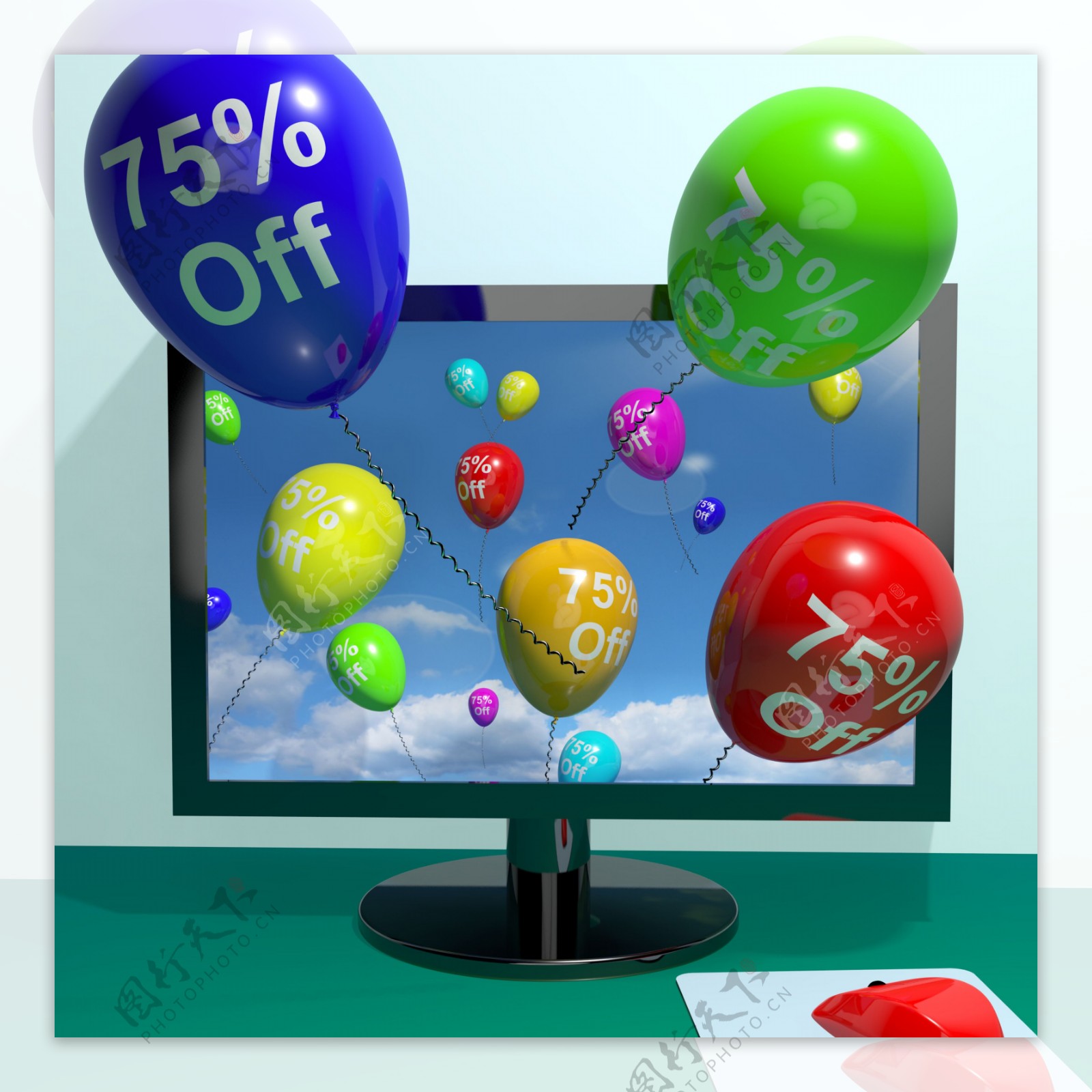 75从计算机显示百分之七零五的在线销售折扣的气球