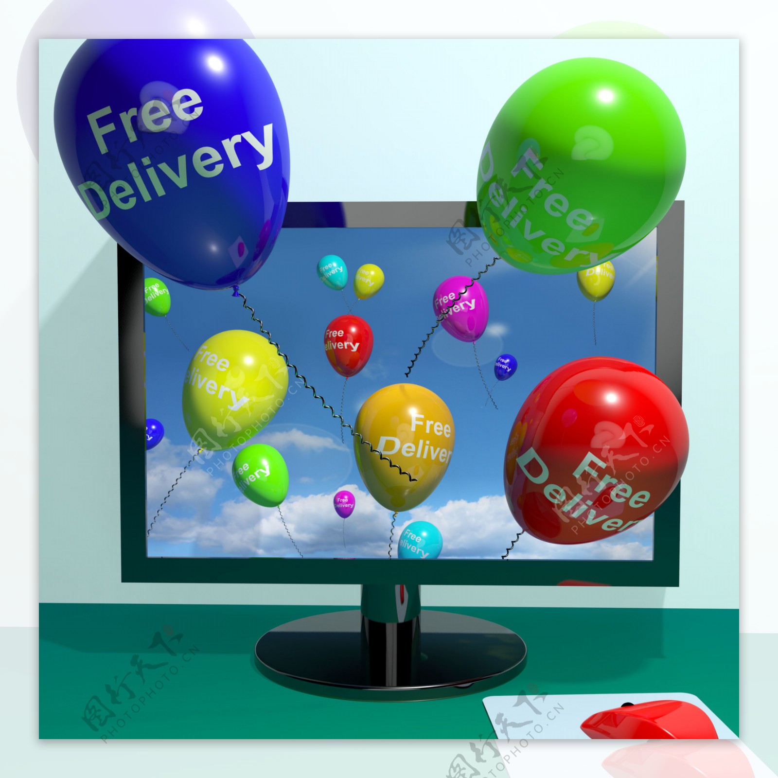 从计算机显示不收费或免费提供免费送货的气球