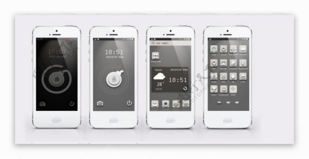 采集大赛这个是iphone5手机界面的设计设计的灵感来自于白色巧克力界面简约明了适合多类型的人群使用第一幅是手机解锁前光线要暗点解锁的图标是个炸弹的形状界面的首页的天气时间很显目