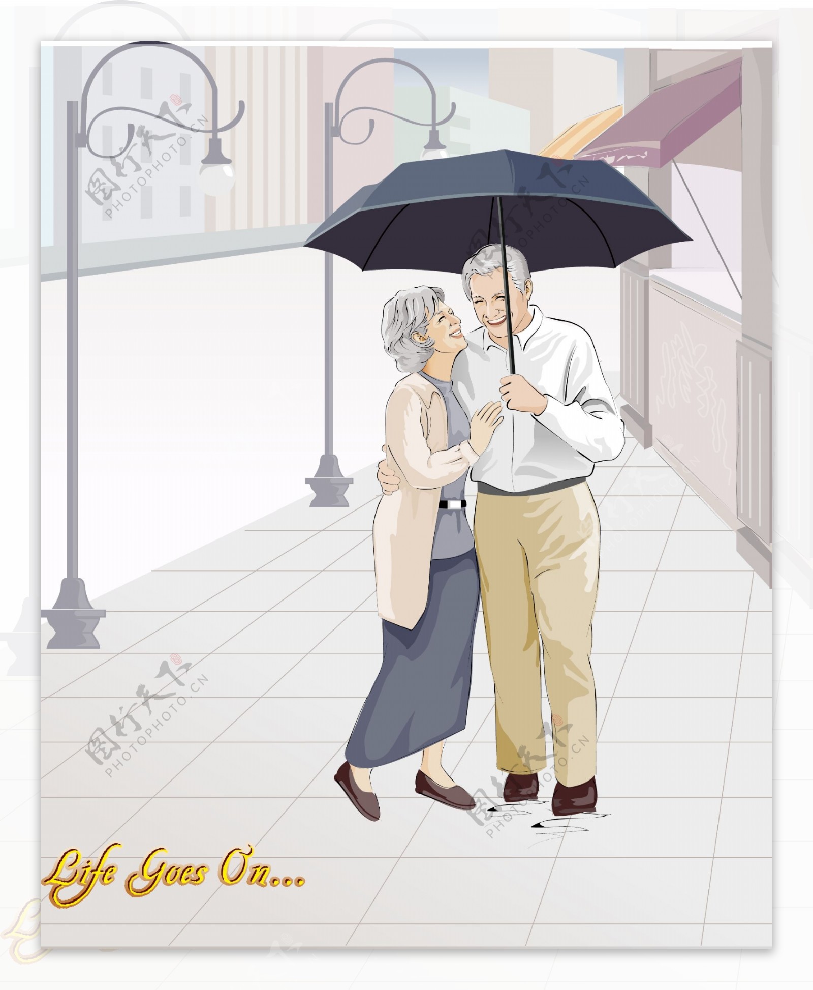 雨中浪漫的老夫妻
