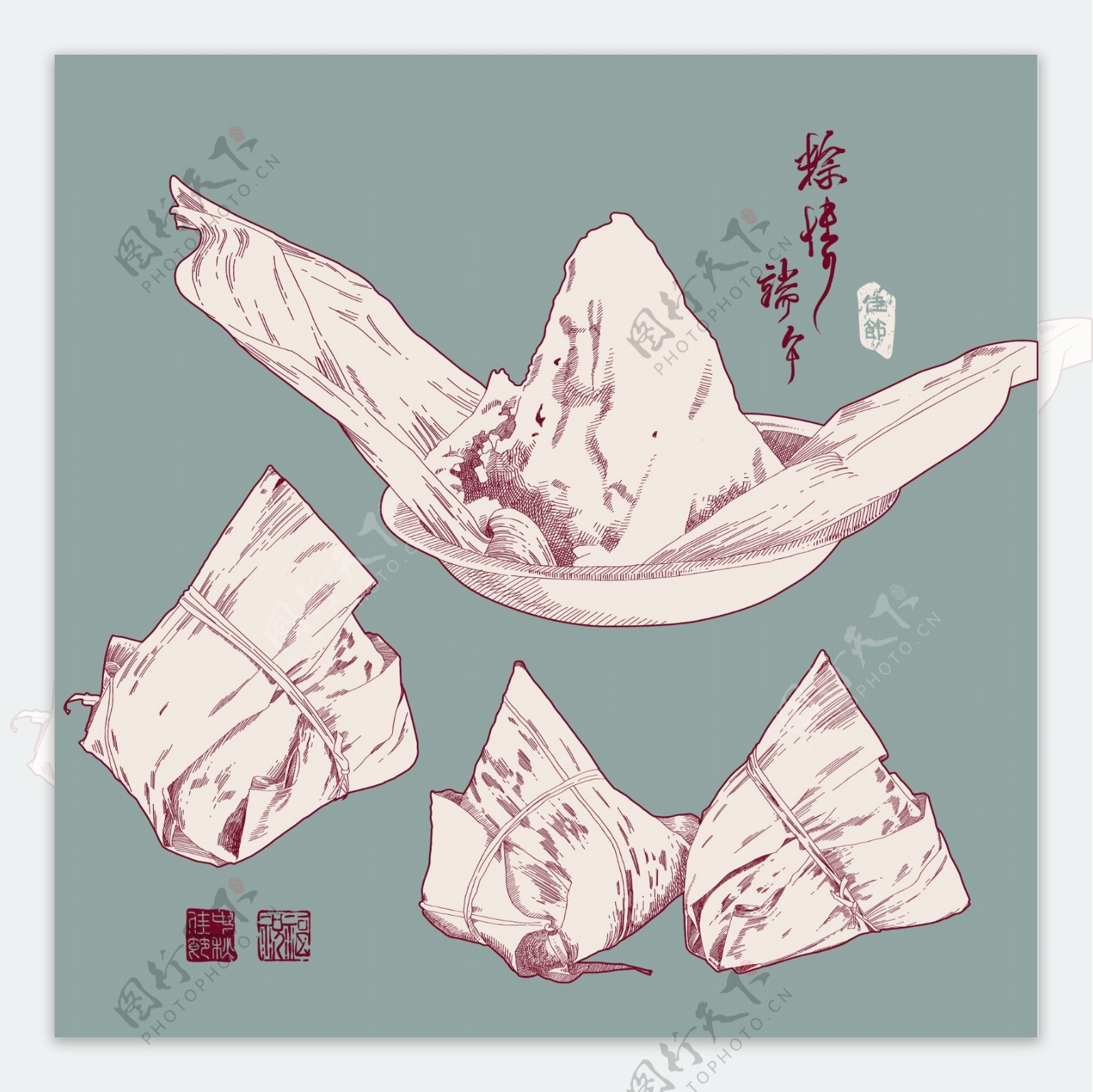 矢量绘图的粽子端午节的传统饺子翻译的中文文本爱端午节粽子