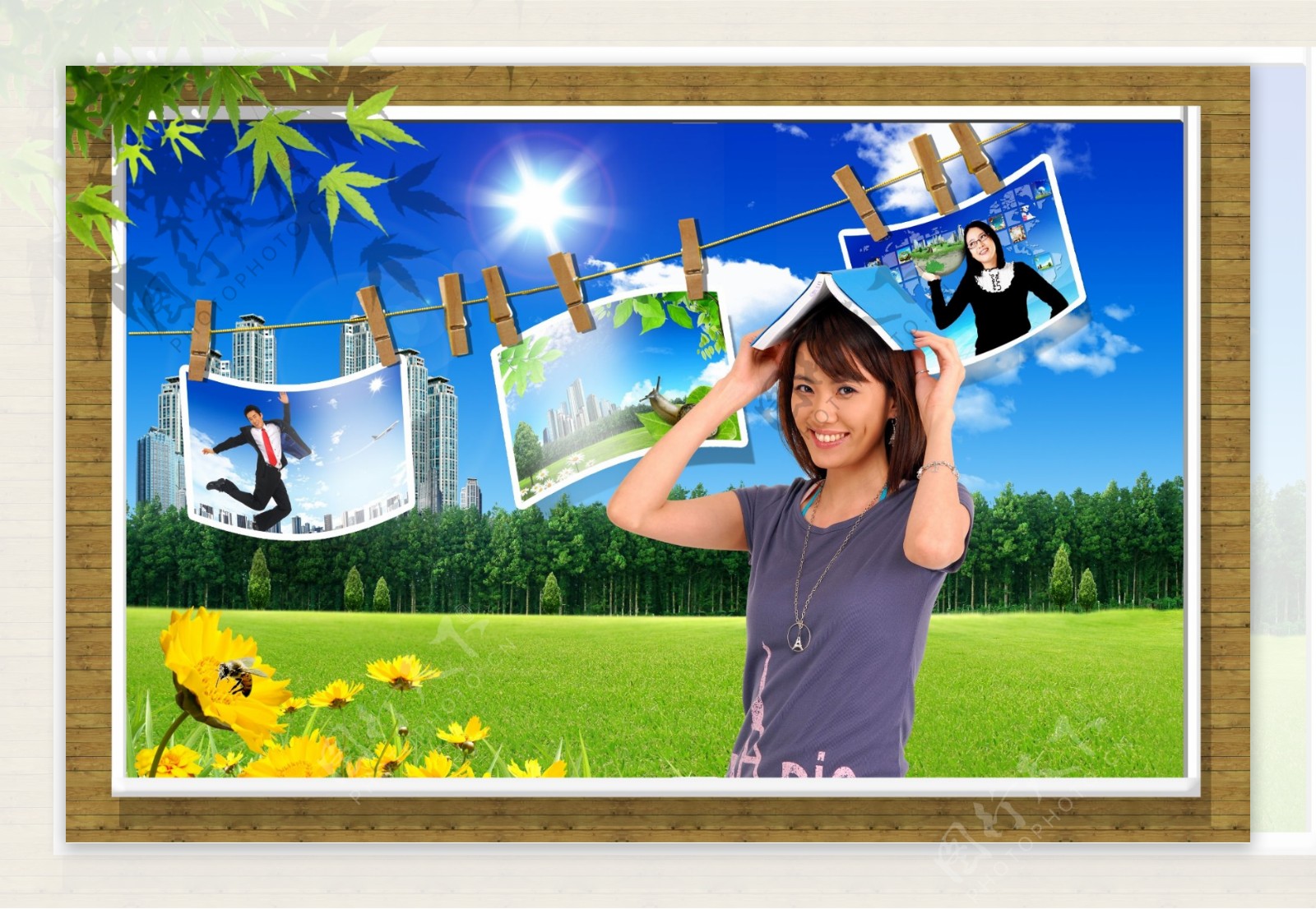 韩国美女相框模板美女写真草地花朵树叶夹子相片