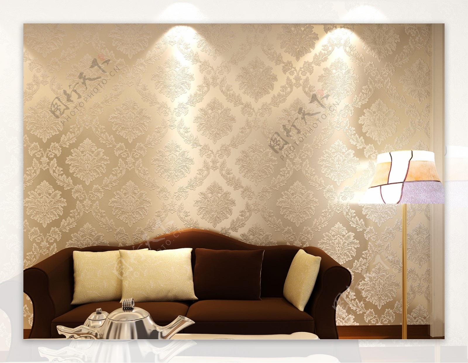 亮银米色欧式沙发背景墙纸图片