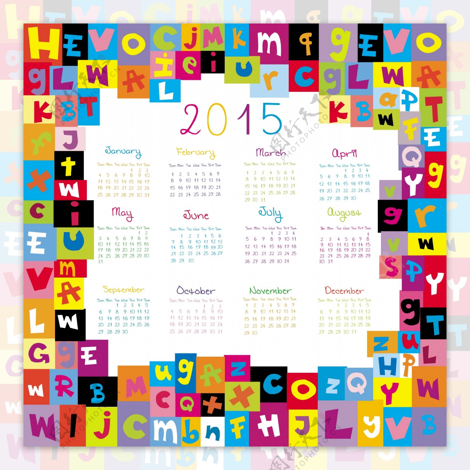 2015年彩色英文字母年历矢量素材
