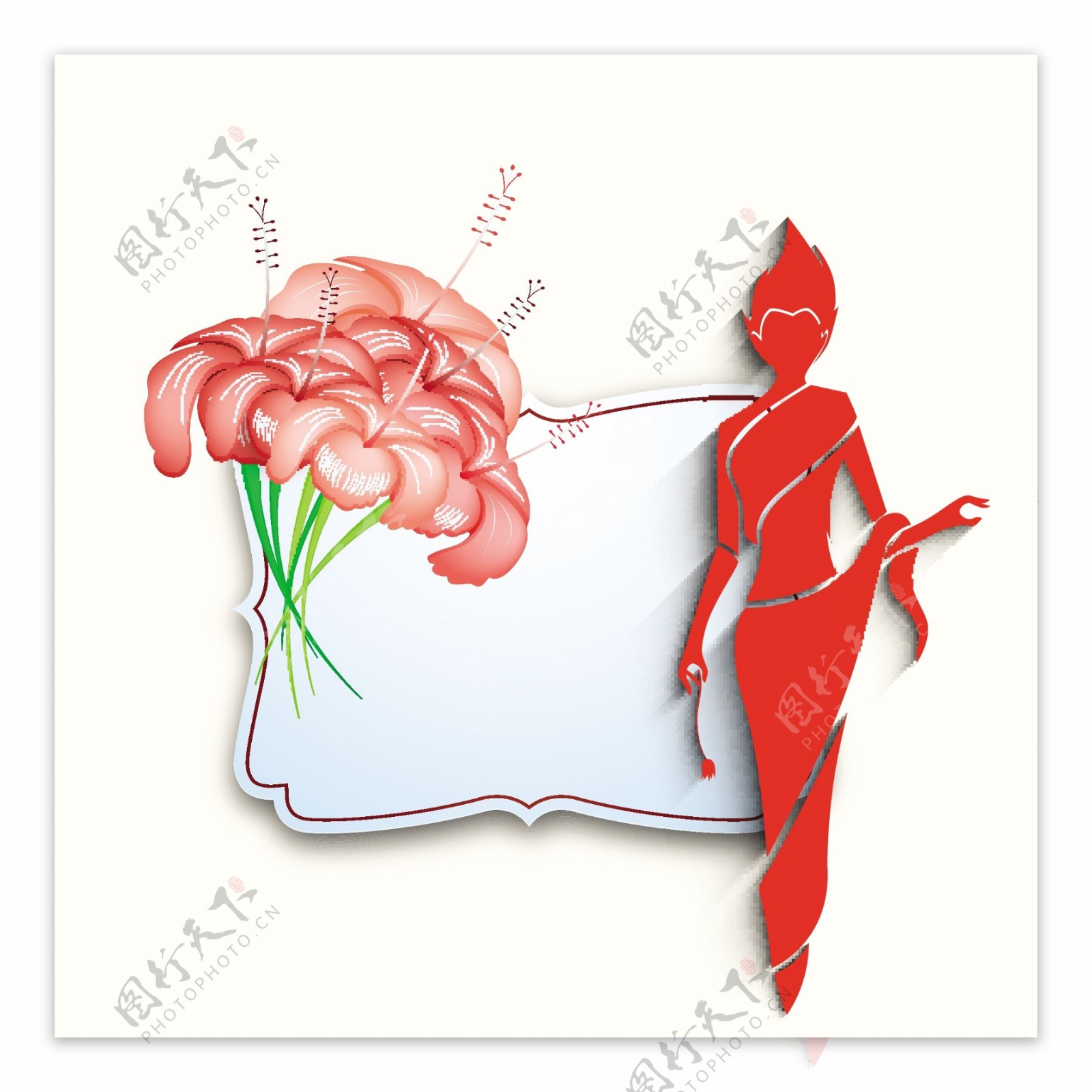 三八妇女节贺卡或海报以一个女人和你的文本空间花红色轮廓设计