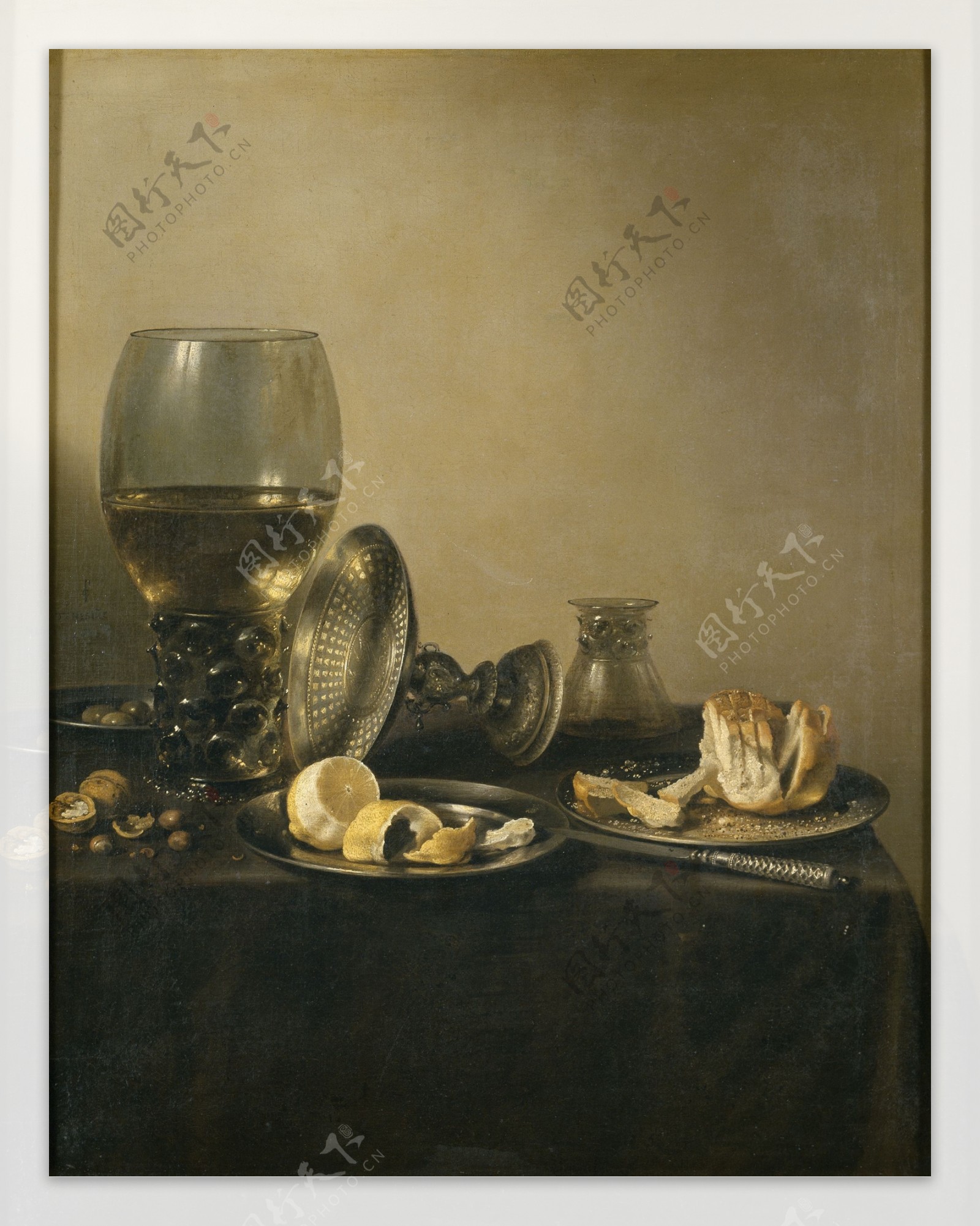 油画静物餐具与水果面包图片