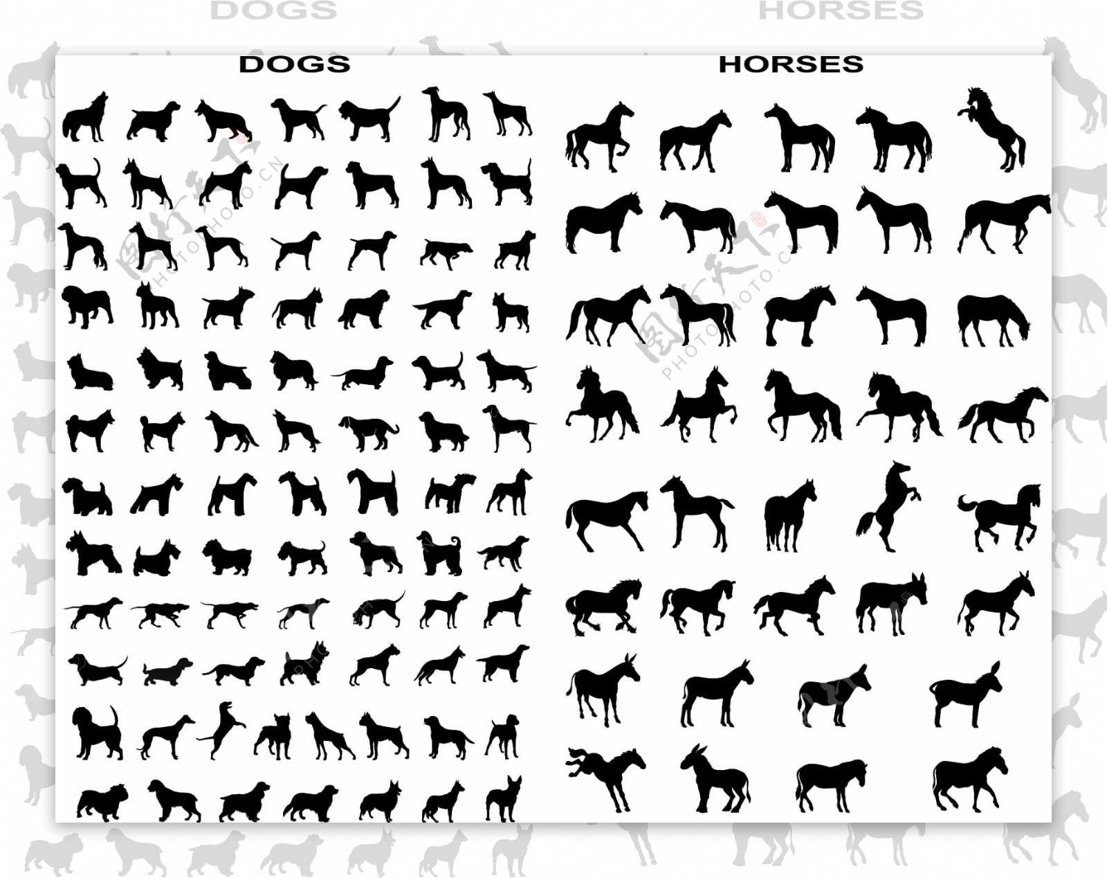 各种各样的马和狗剪影矢量素材运动