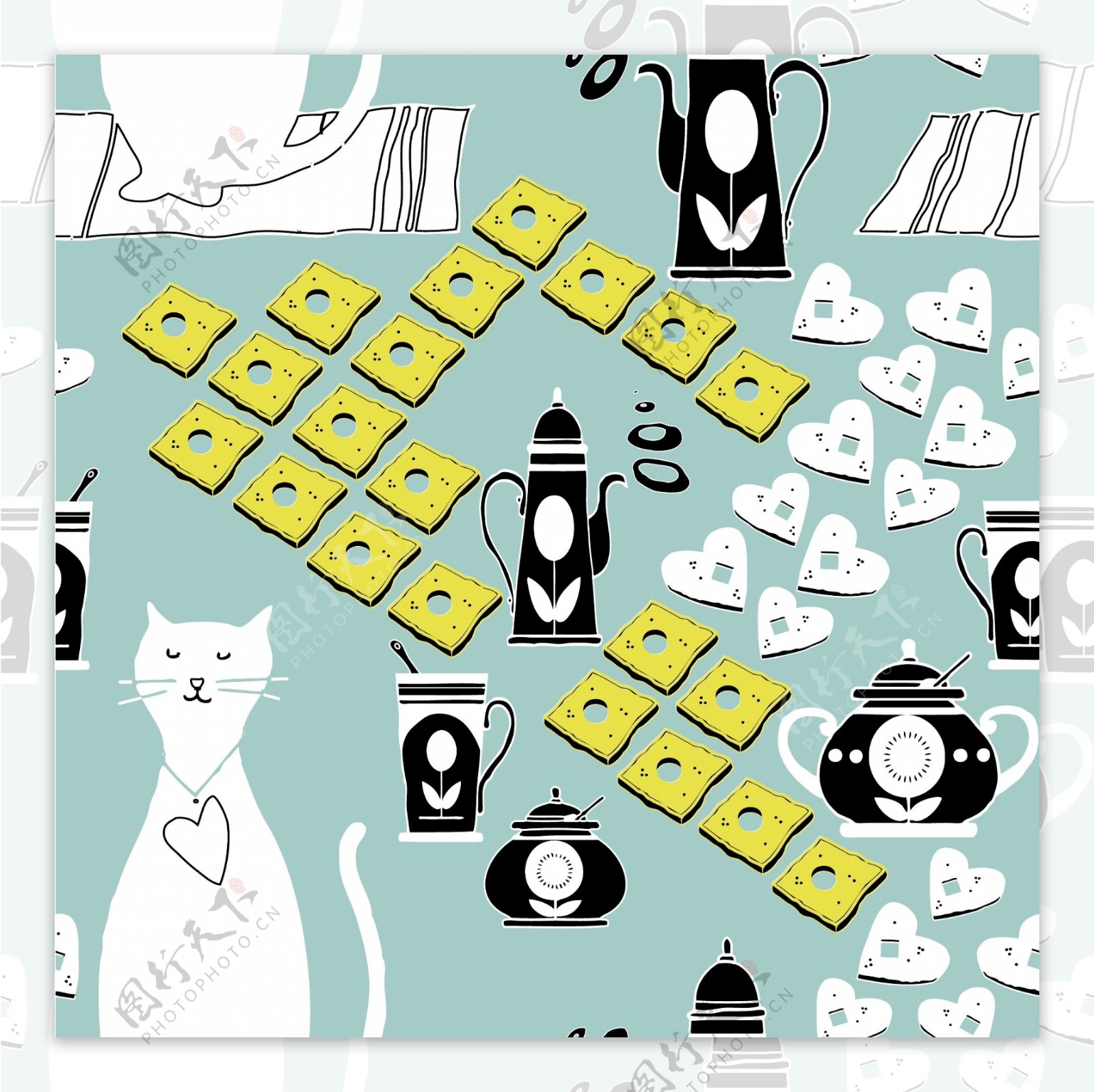 小猫剪影西式茶点背景背景矢量素材