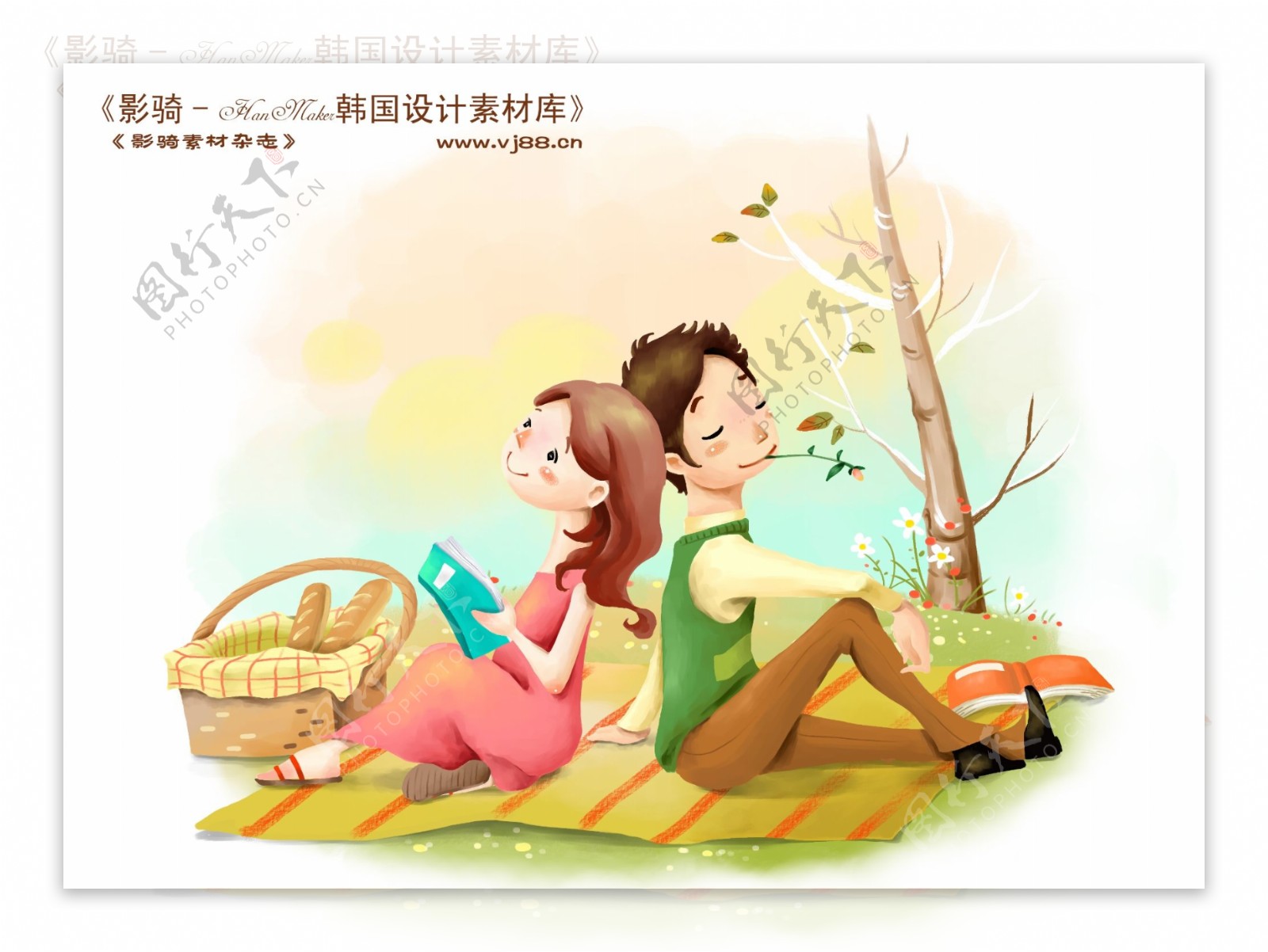 HanMaker韩国设计素材库背景卡通漫画可爱人物情侣野餐甜蜜儿童