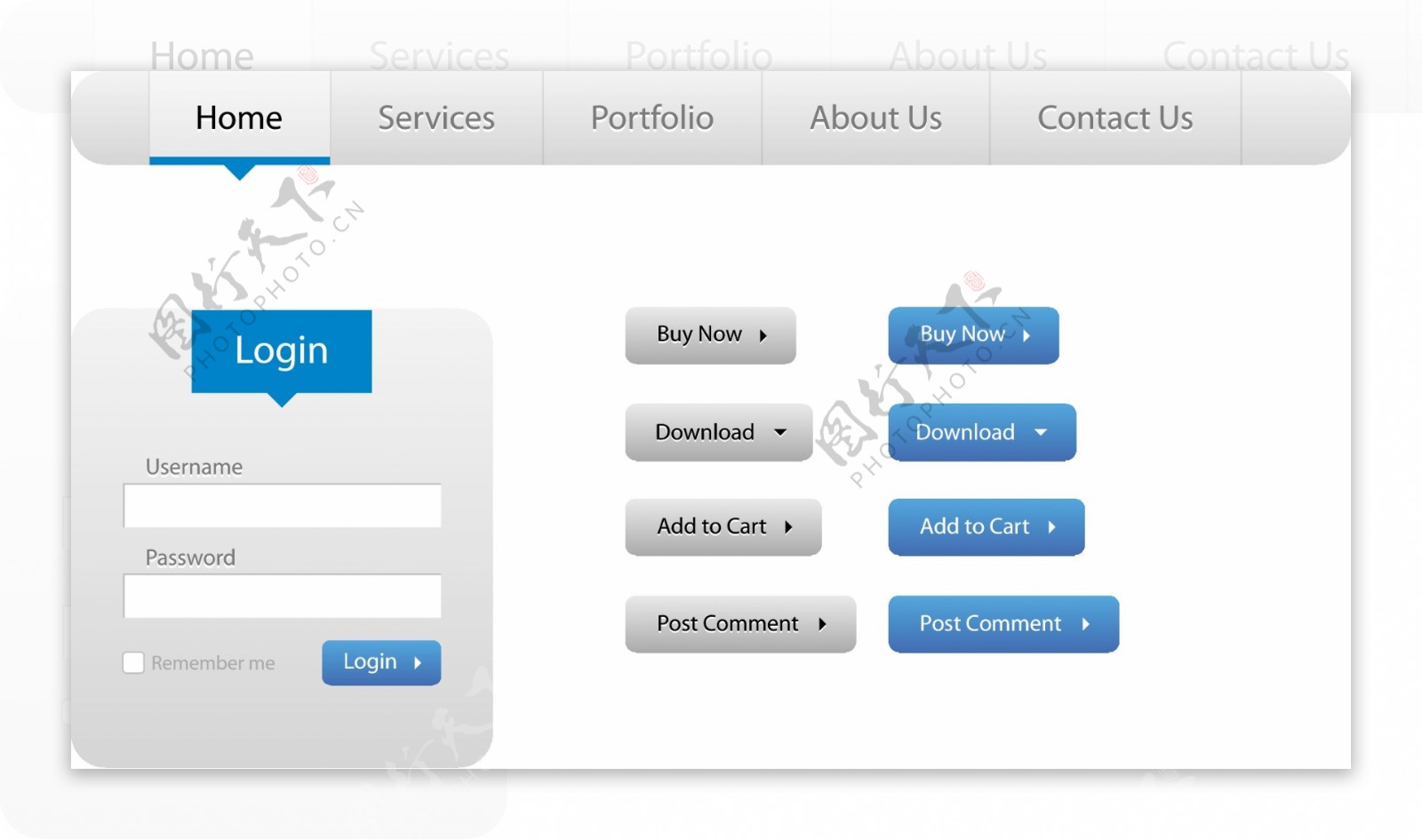 浅灰色蓝色的网页设计元素工具PSD