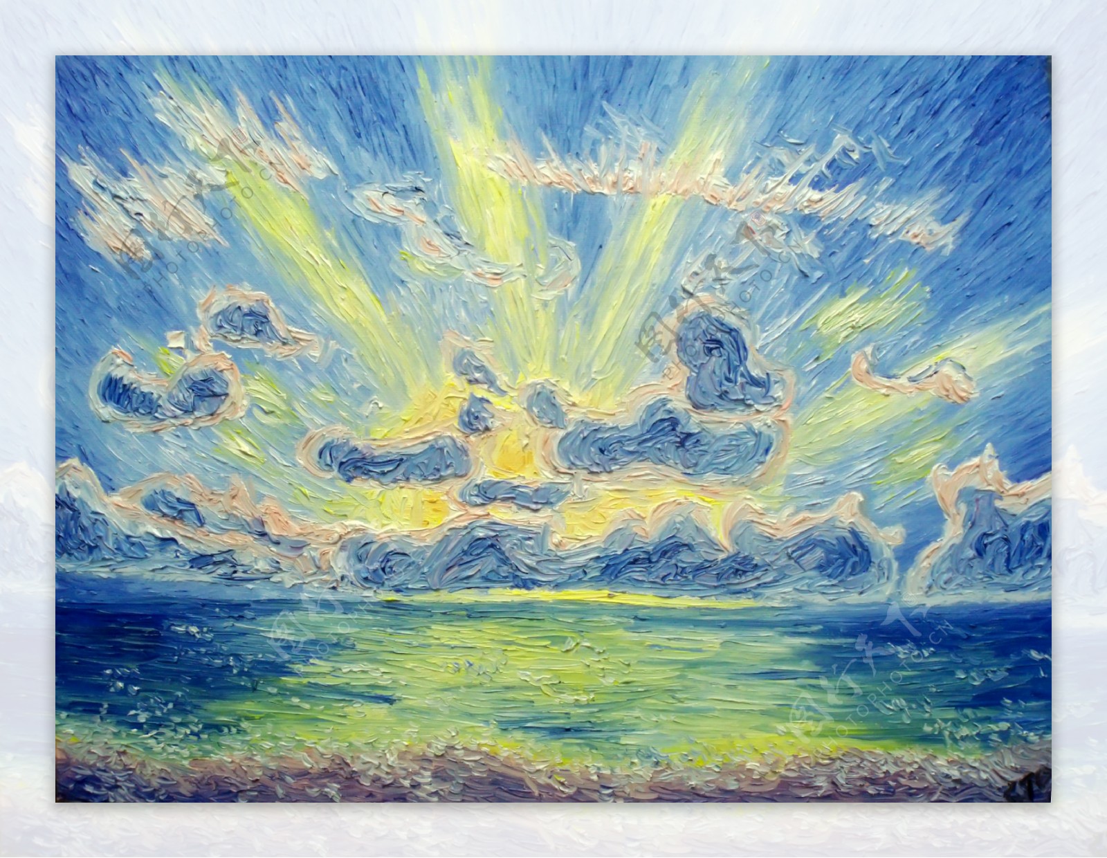 油画穿透云层的光线图片