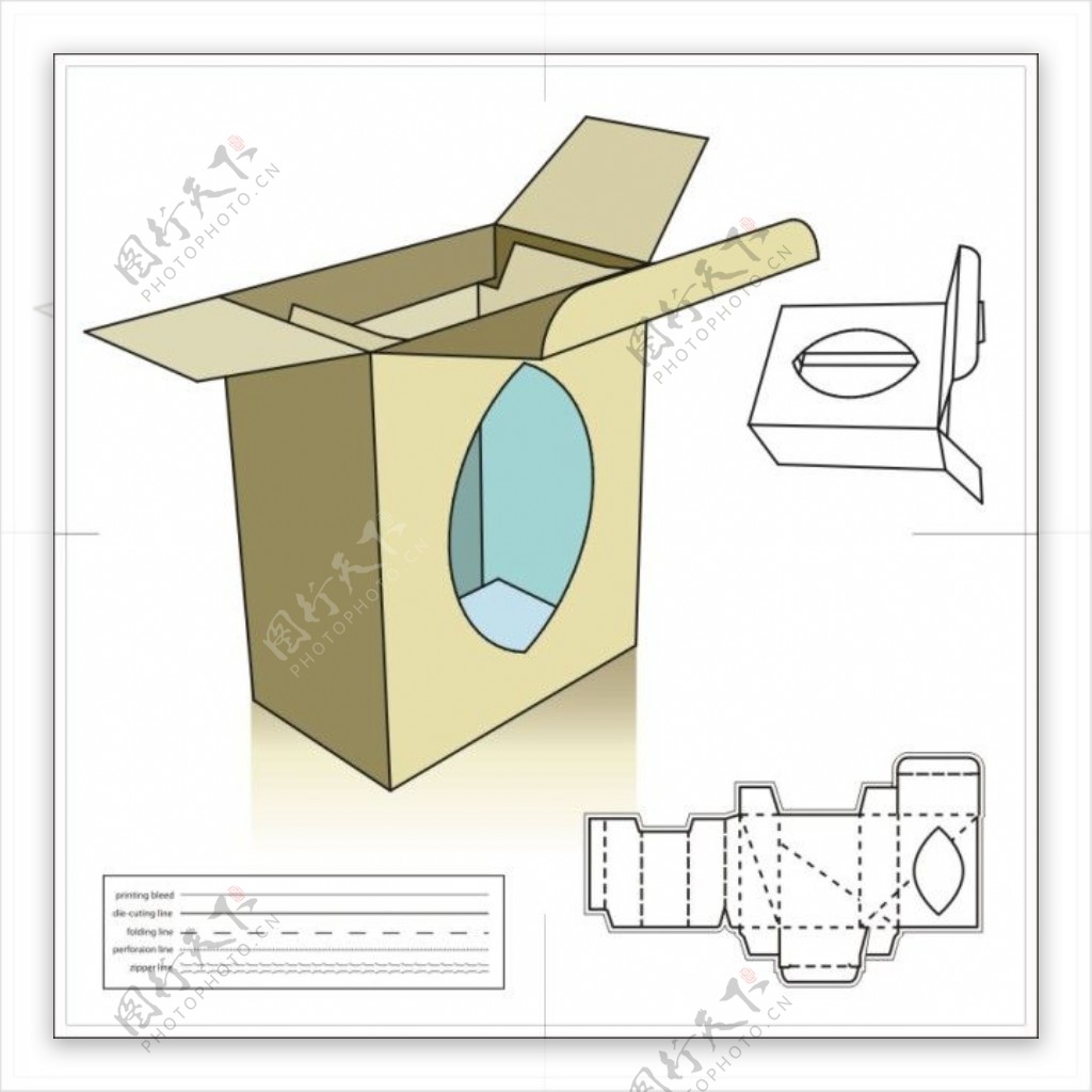 可内视细节包装盒子展开图和盒形矢量图