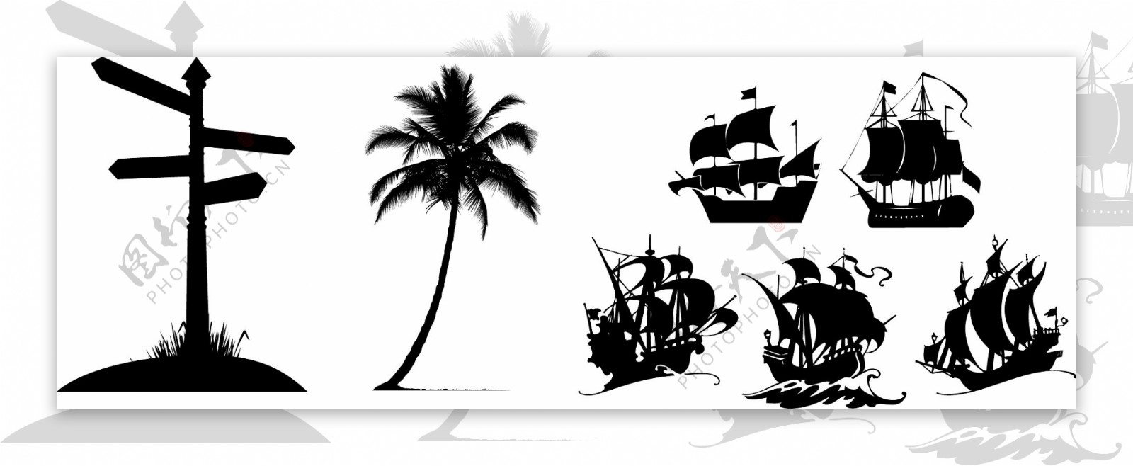 道路标志椰子树帆船剪影图标素材