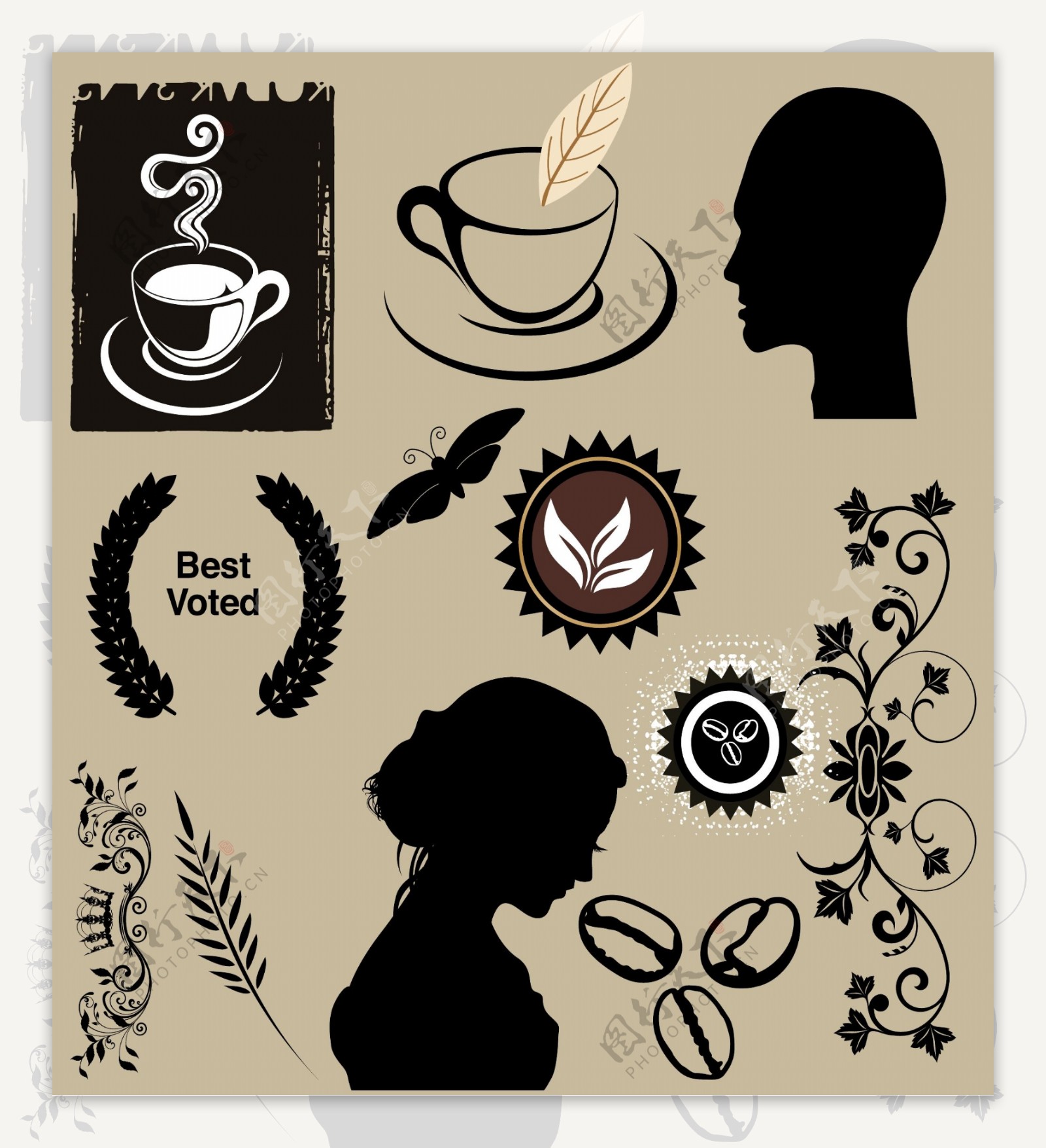咖啡元素标签头像剪影矢量图