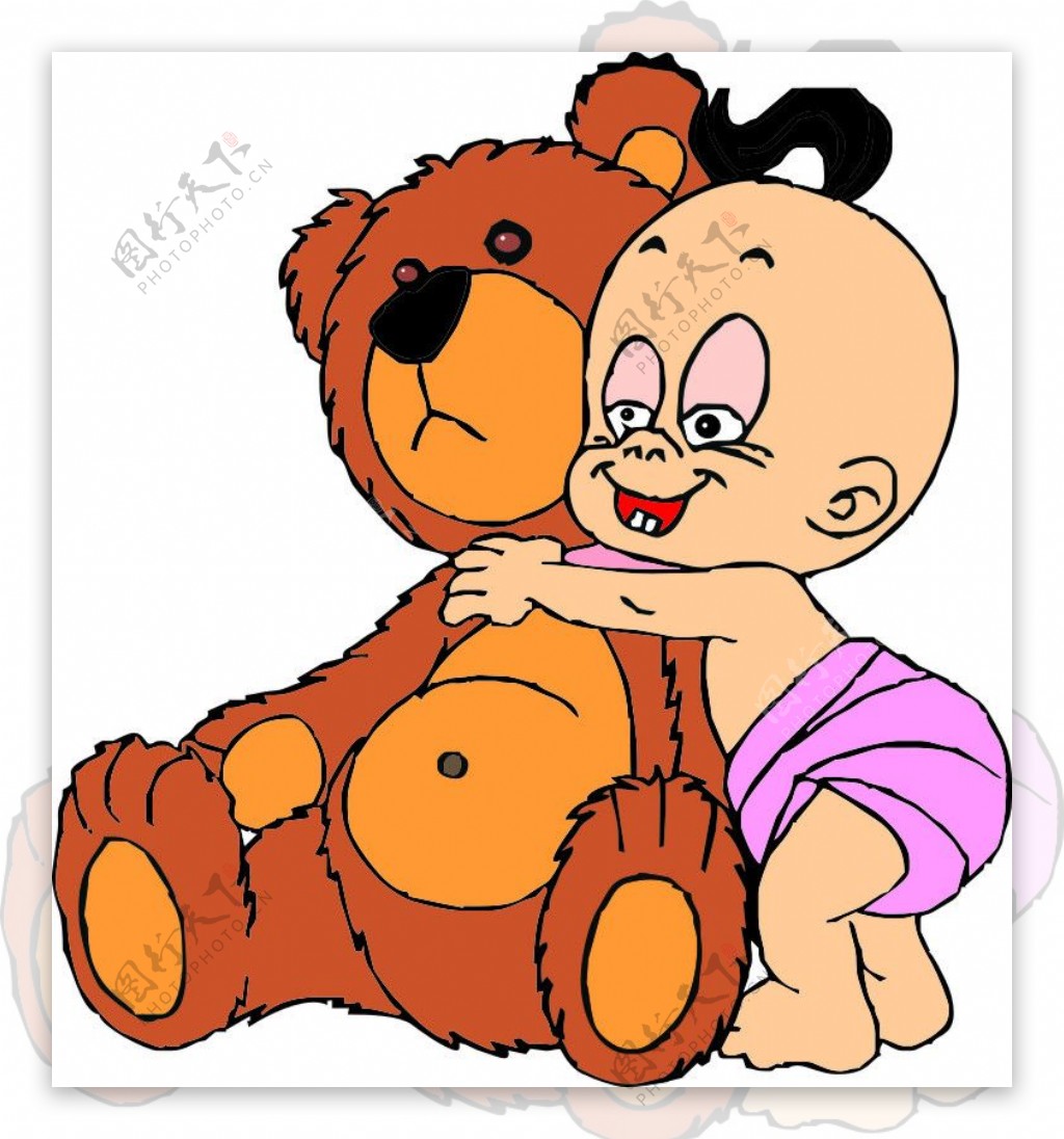 卡通儿童抱着泰迪熊和矢量图