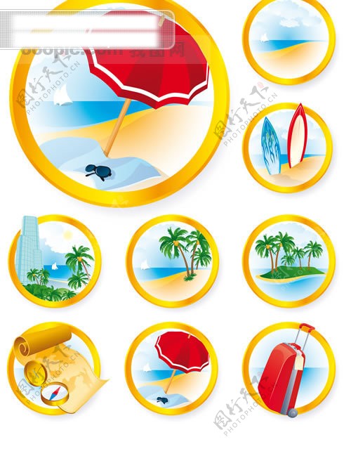 海边图标度假图标太阳伞旅行箱指南针地图椰树沙滩度假滑浪板eps