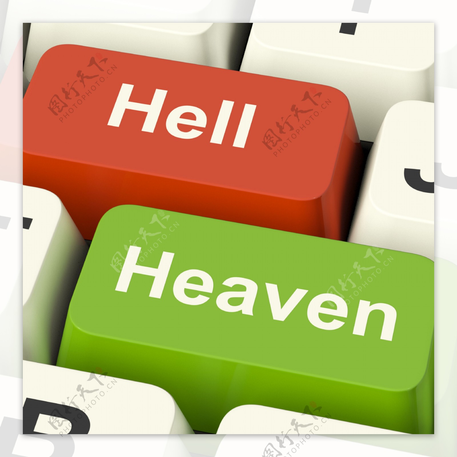 天堂与地狱的电脑钥匙表现出善与恶之间在线选择