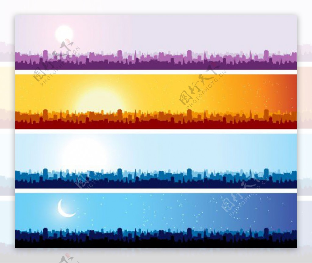 几款不同色调的城市剪影banner矢量