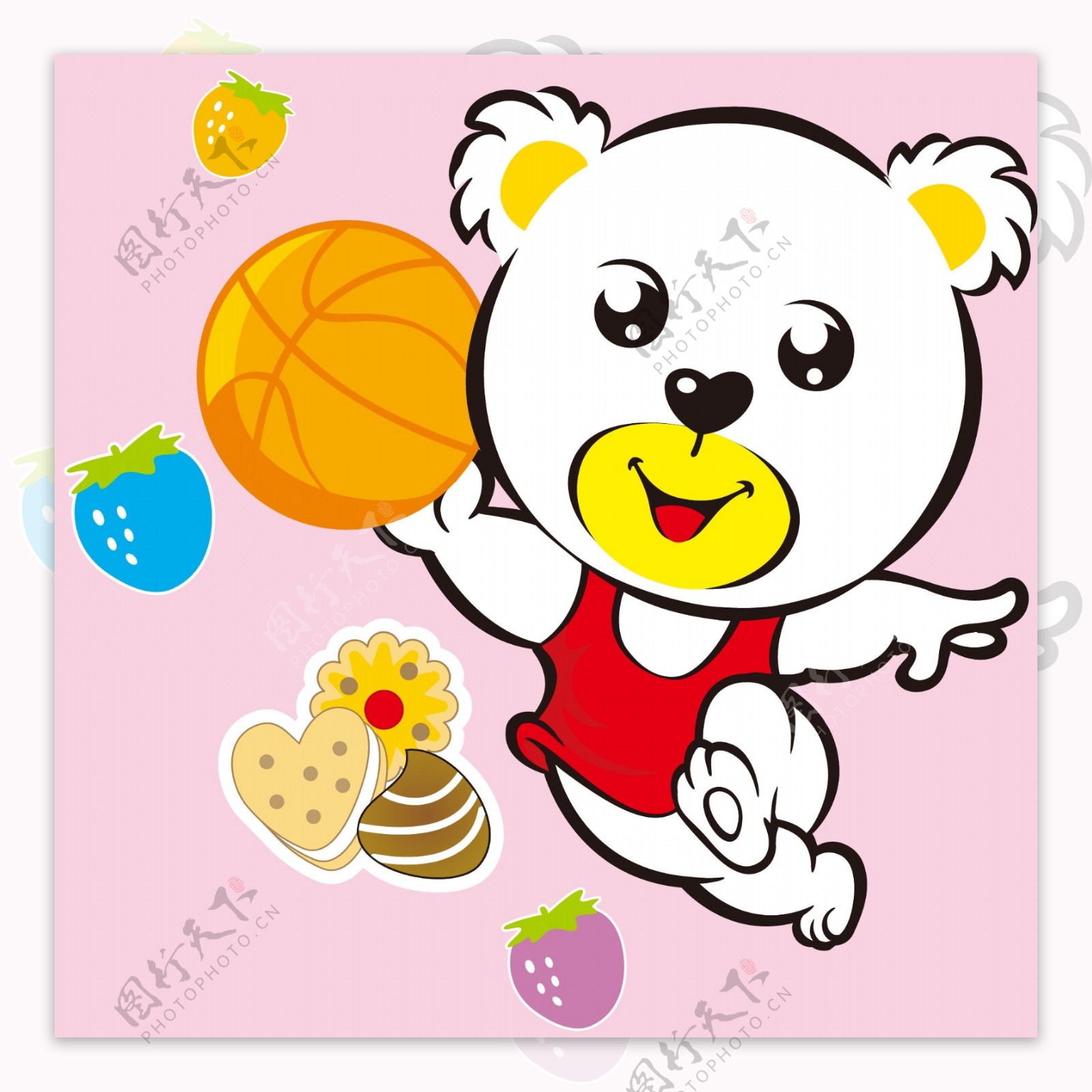 印花矢量图卡通动物小熊草莓饼干免费素材