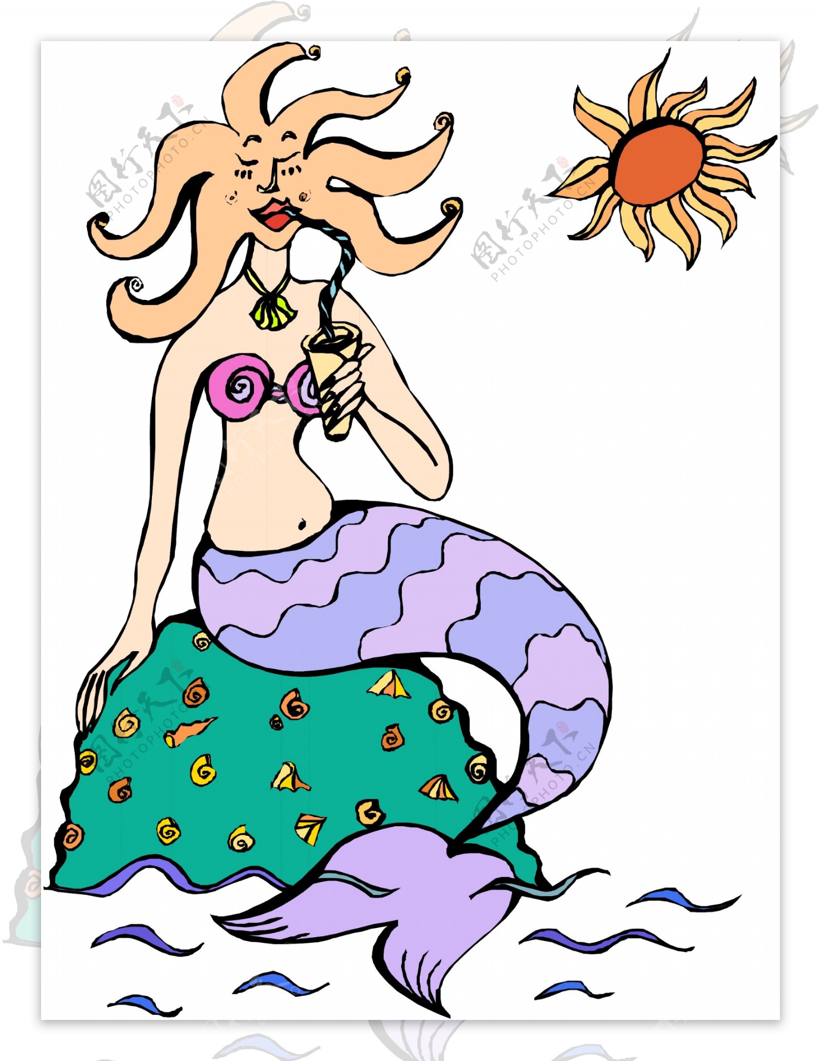 章鱼头的美人鱼坐在礁石上晒太阳