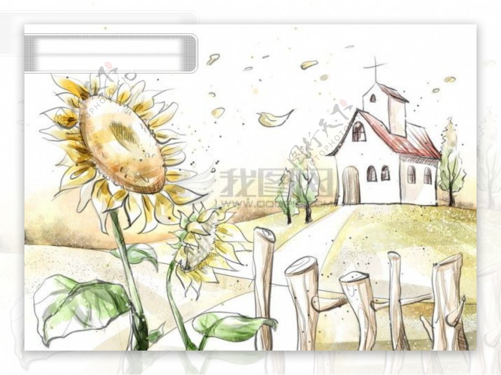 HanMaker韩国设计素材库背景淡彩色调意境绘画风格向日葵教堂