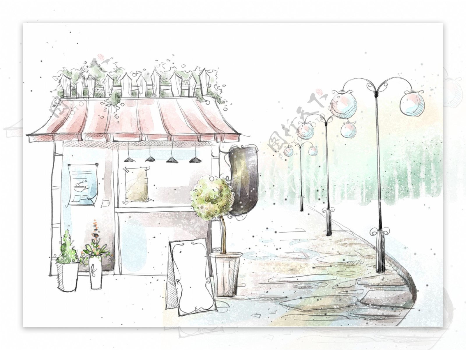 HanMaker韩国设计素材库背景淡彩色调意境绘画风格路灯房子