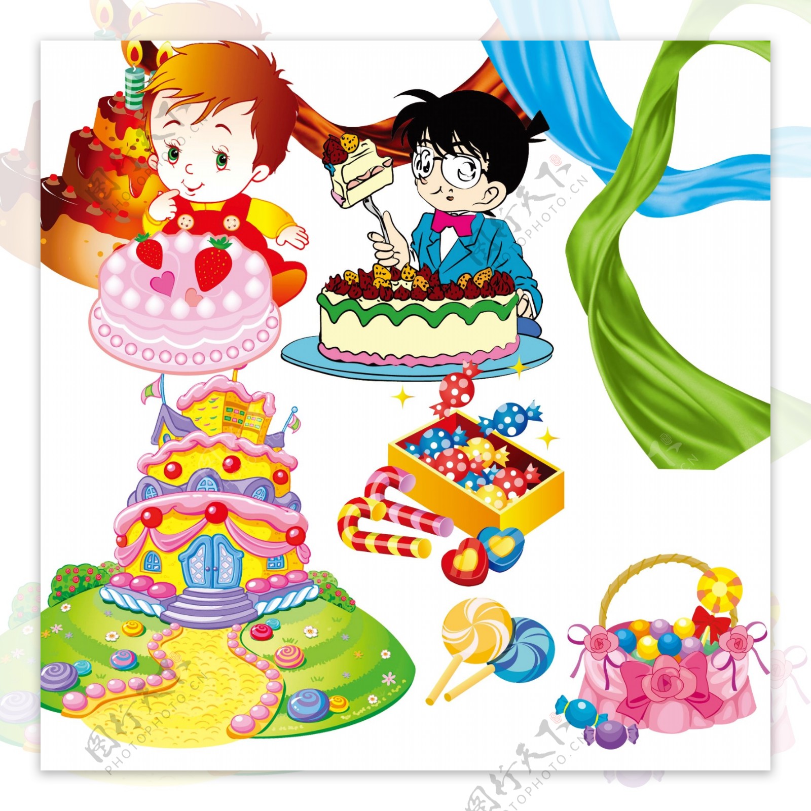 卡通美食的生日蛋糕插画_动漫人物_动漫卡通-图行天下素材网