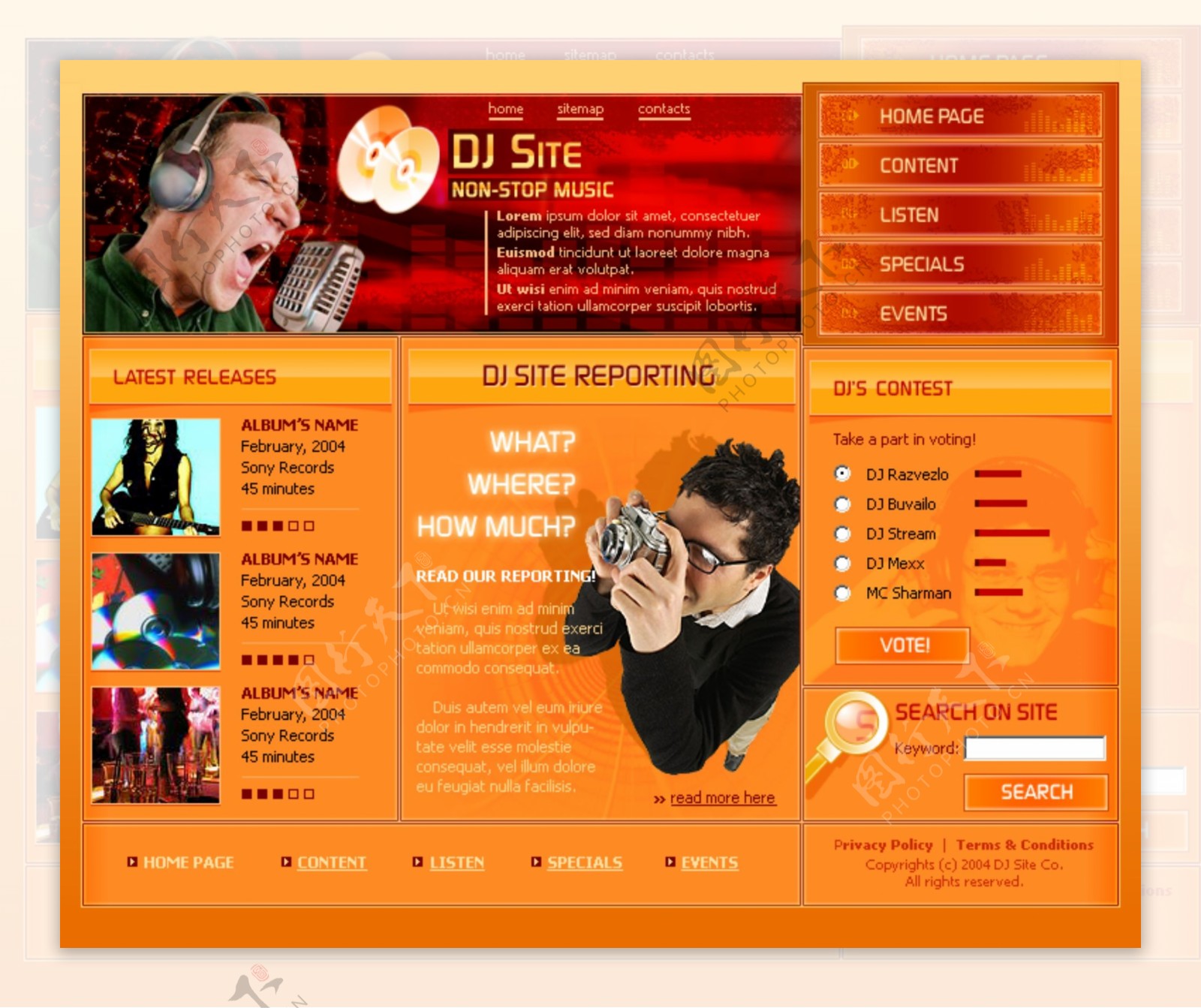 橙黄色DJ音乐psd网页模板