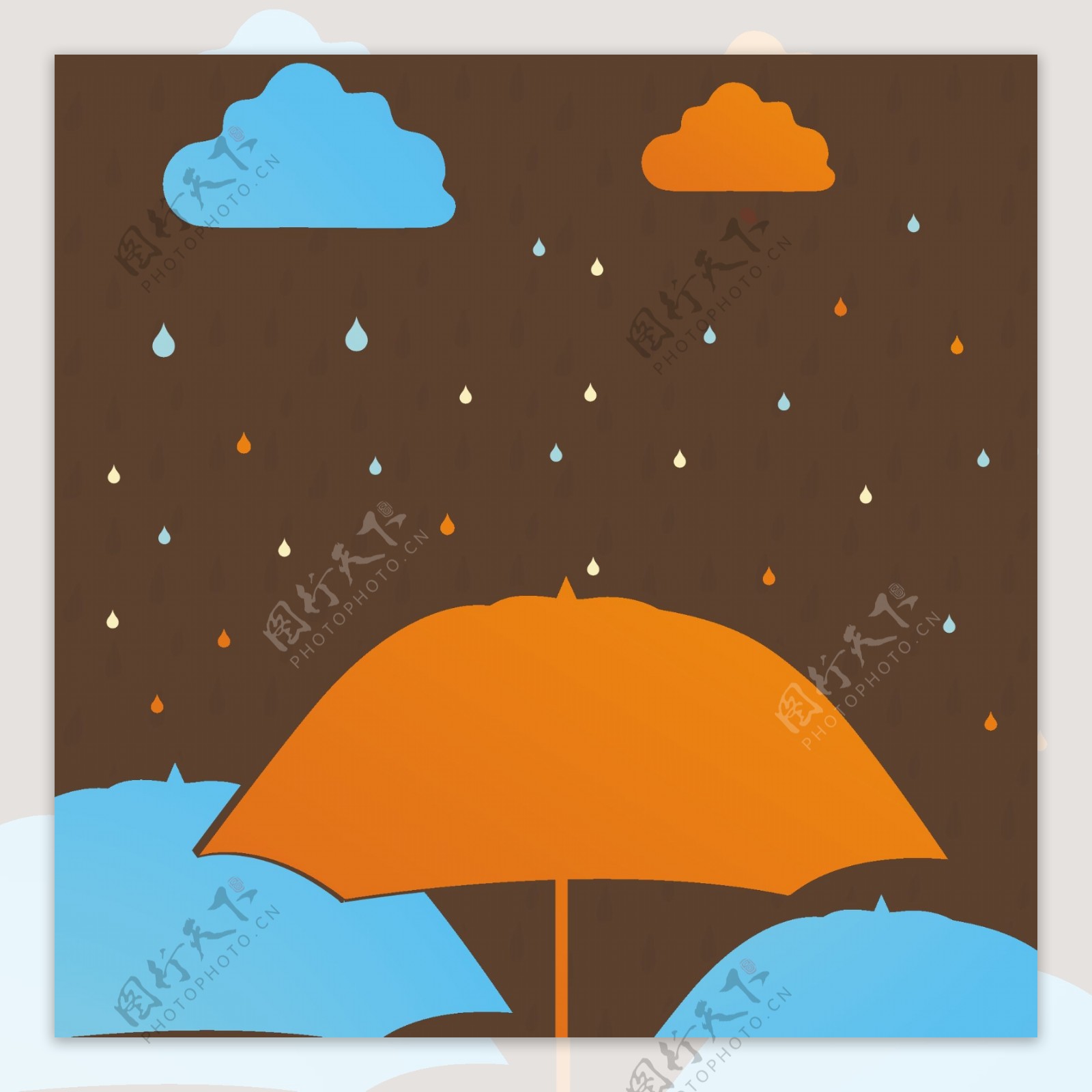 摘要背景与雨季多彩伞和雨滴