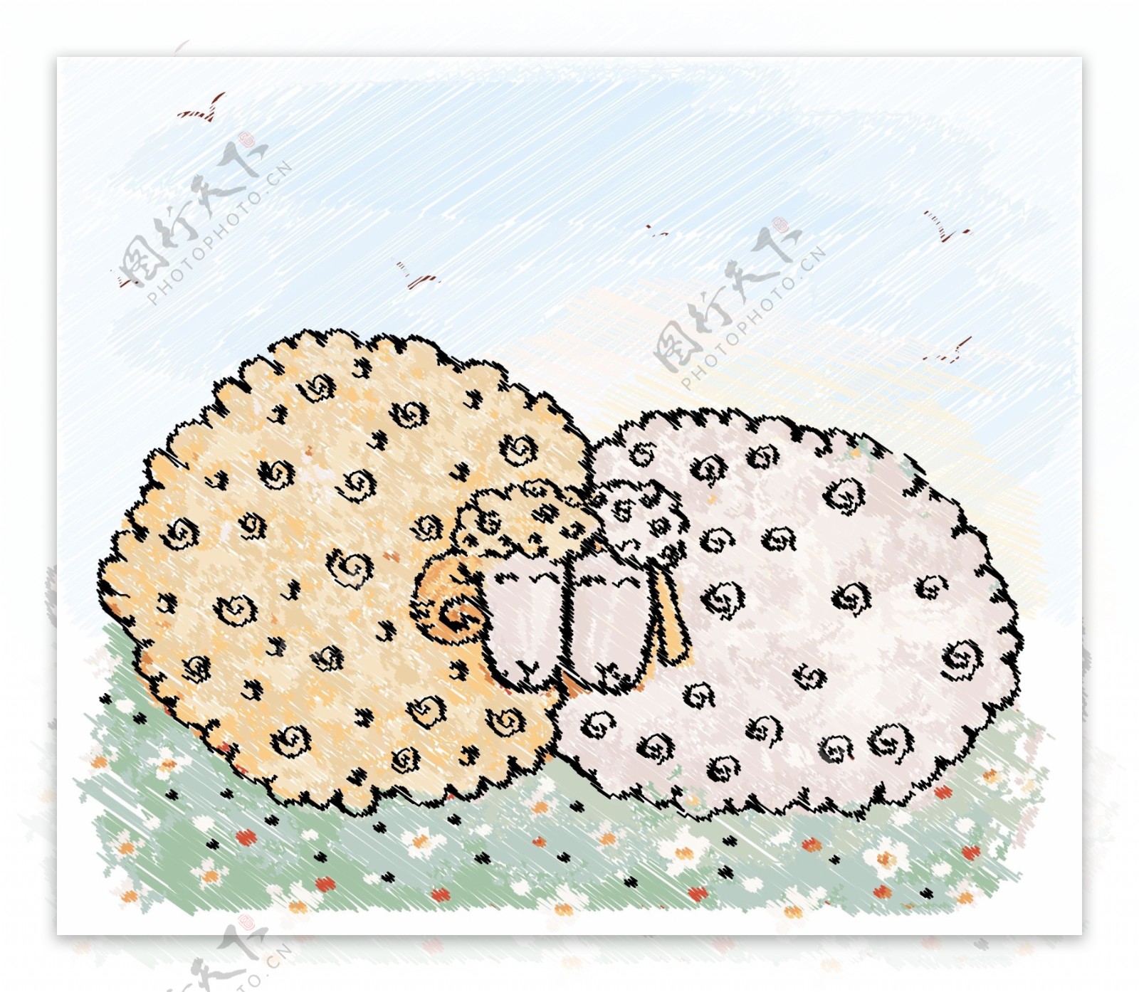 彩绘草地上的绵羊矢量素材