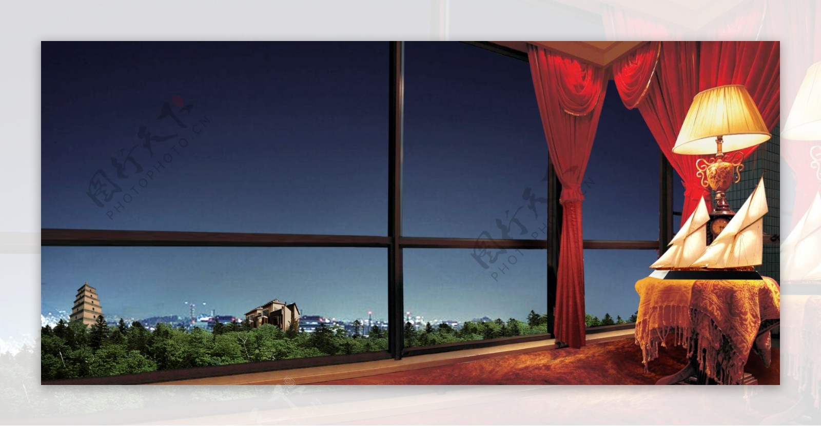 龙腾广告平面广告PSD分层素材源文件房地产别墅窗外夜空台灯窗帘