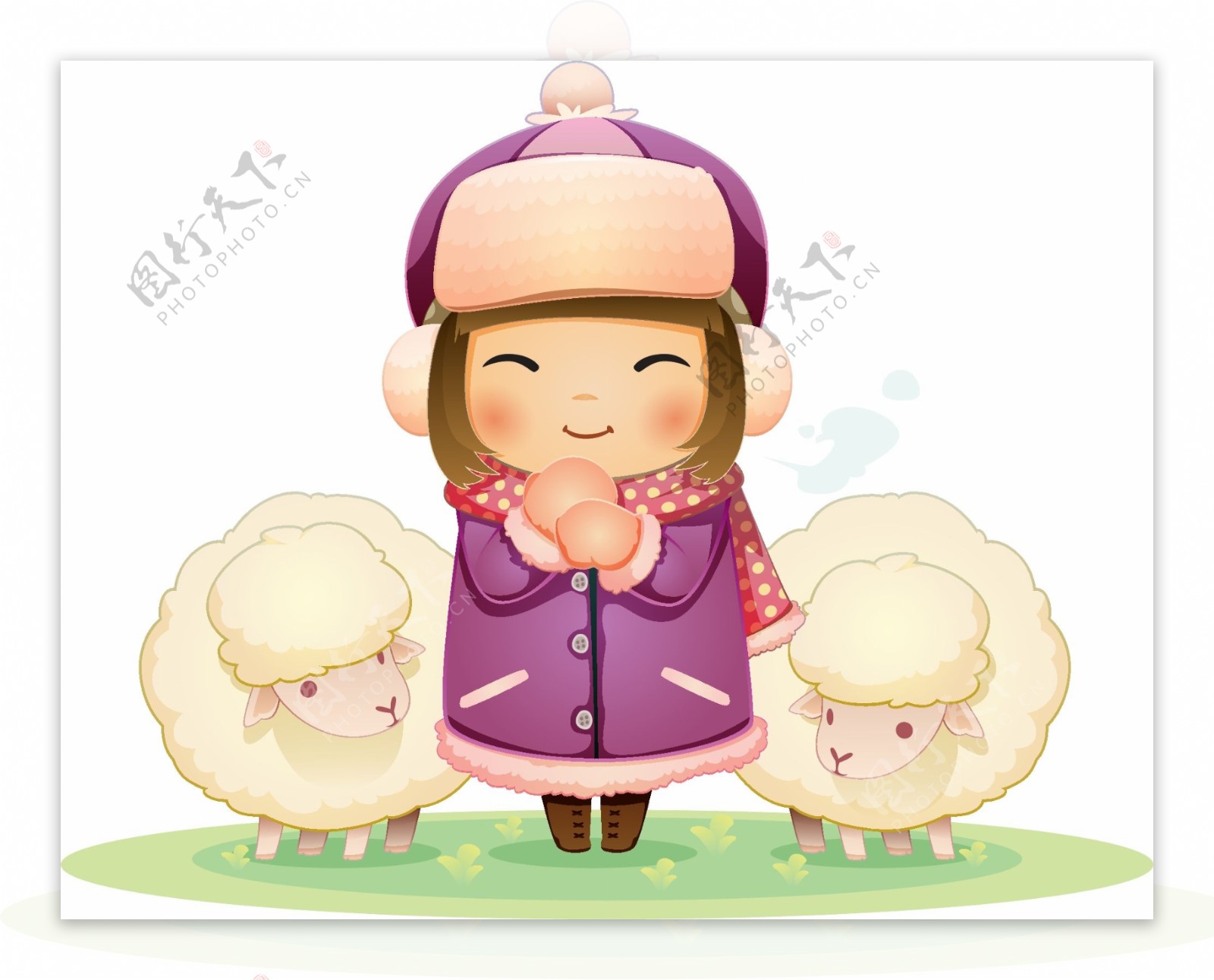 卡通小女孩与绵羊背景矢量素材