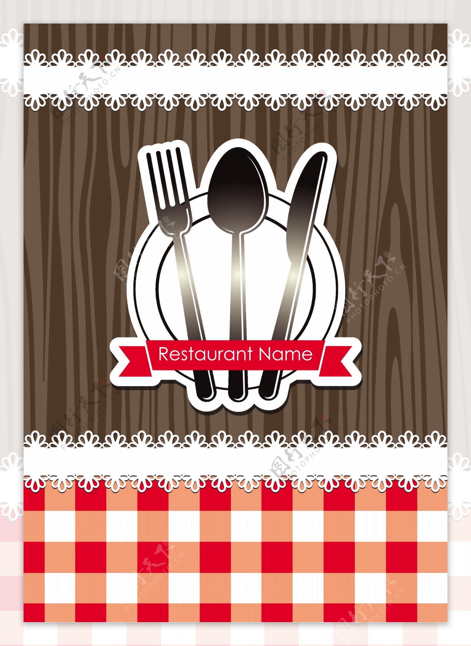 西餐海报红格子桌布刀叉图案素材