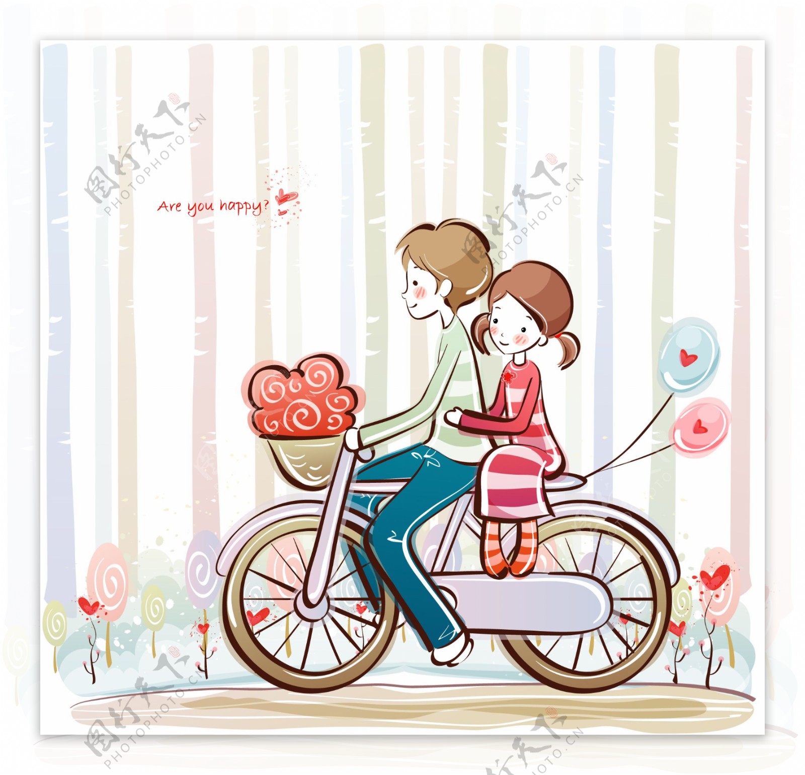 卡通娃娃约会幸福单车出游