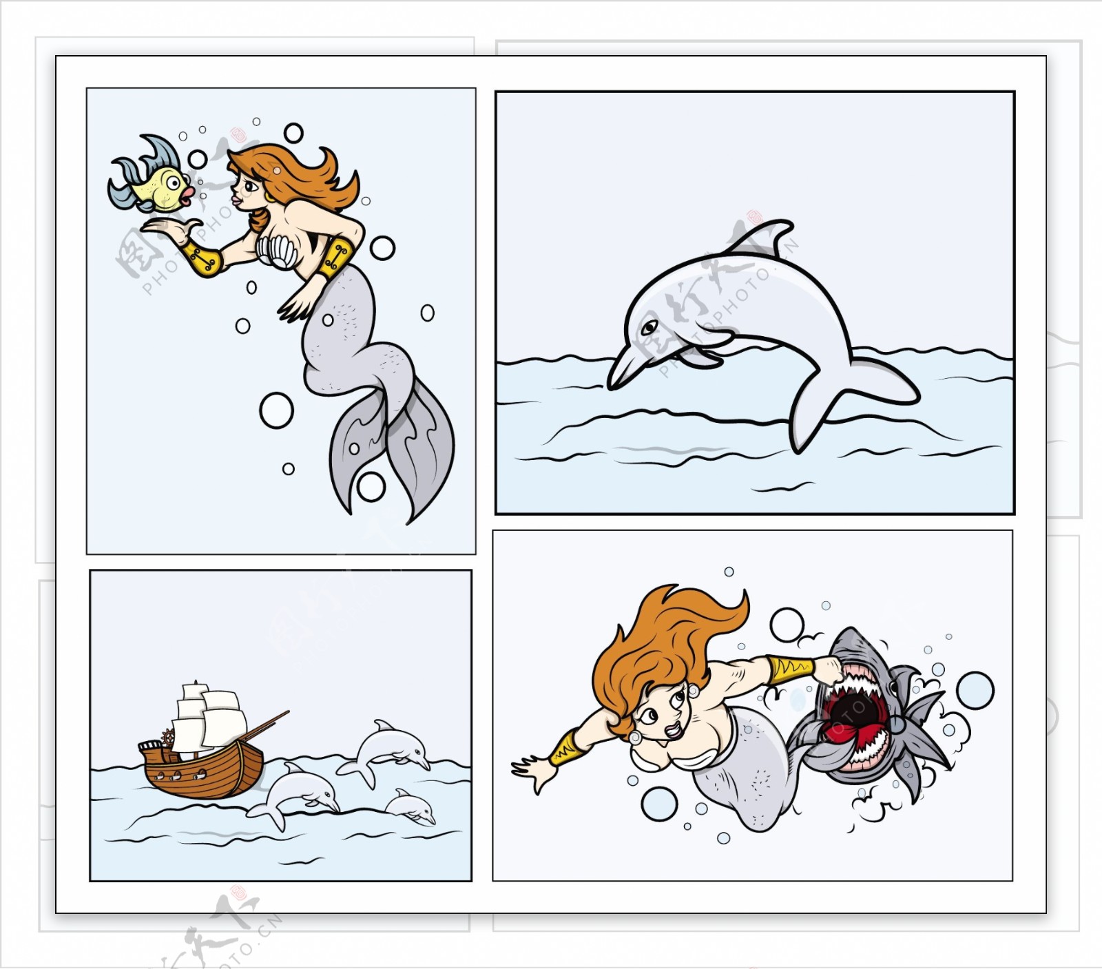 海豚美人鱼的背景卡通矢量图