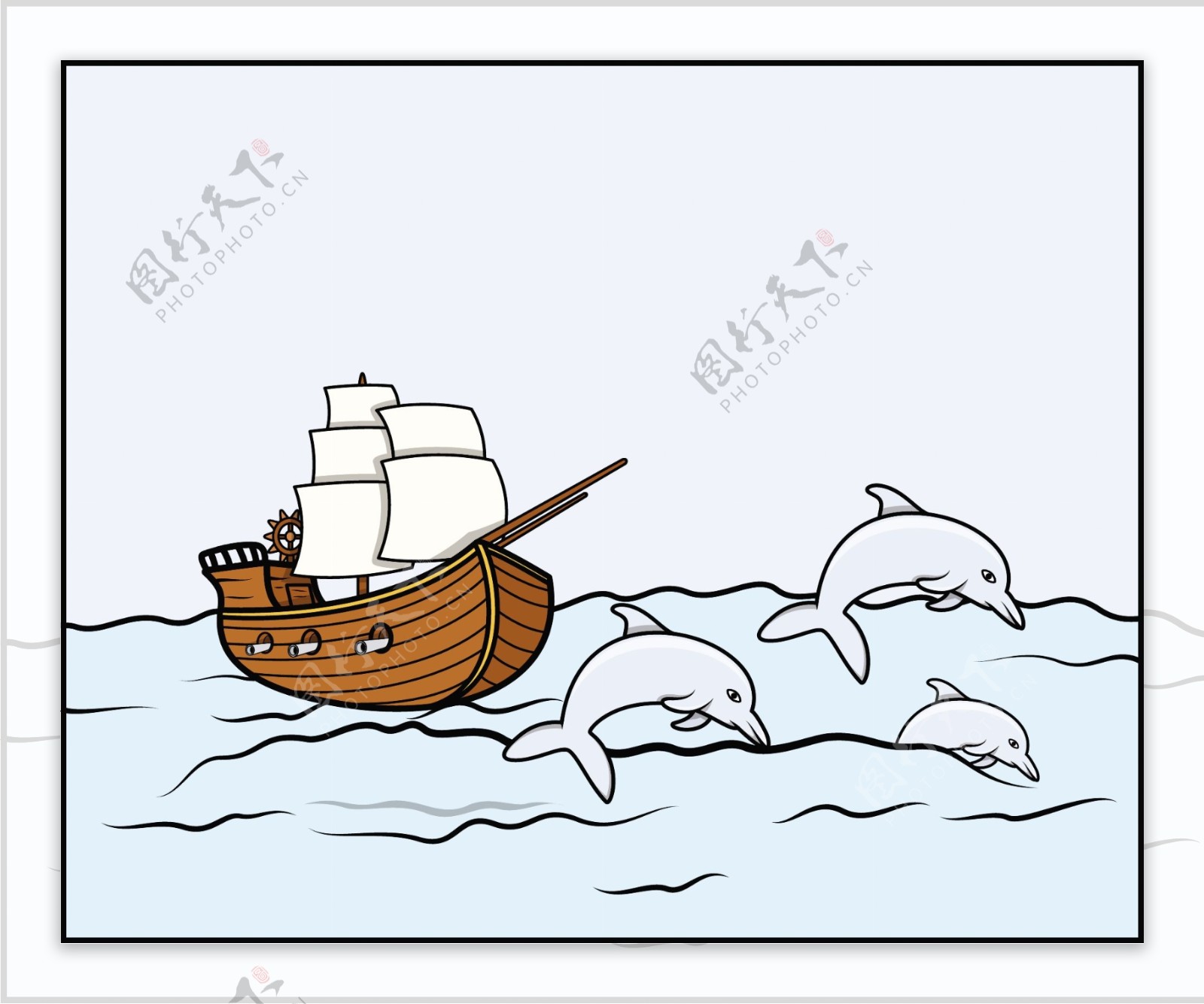 海豚矢量插画古船