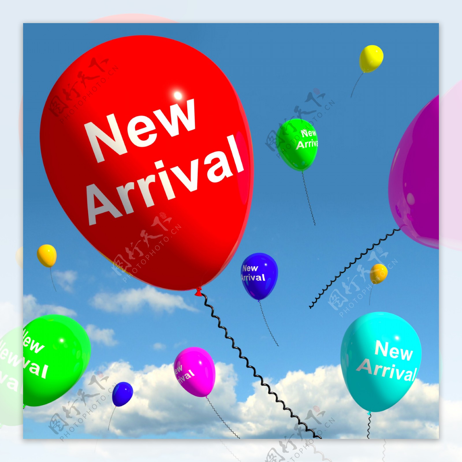 在天空中显示的最新产品或新宝贝新到来的气球在线