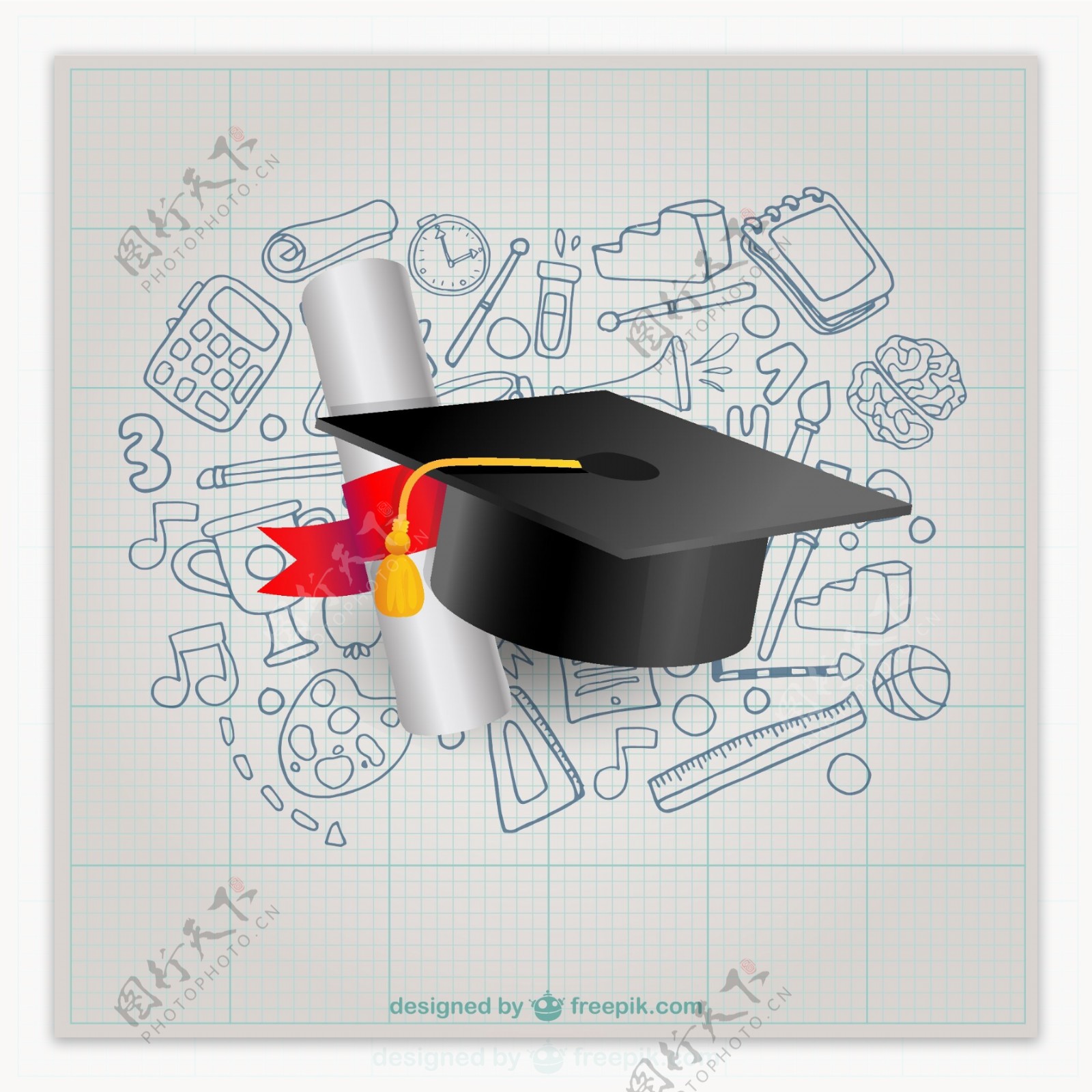 博士帽与毕业证书矢量素材.