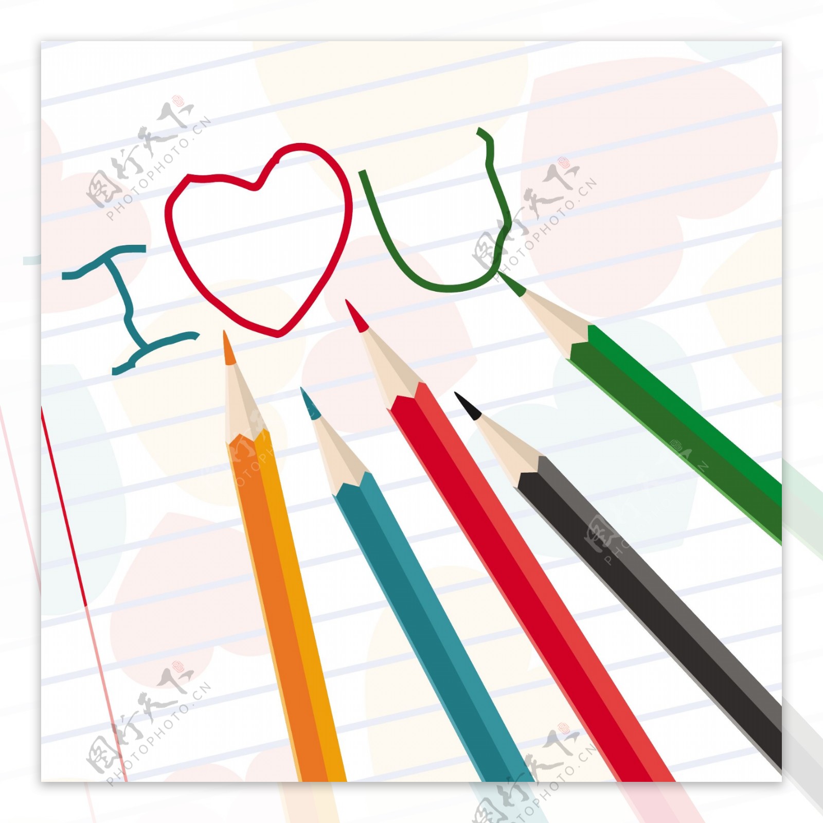 手工绘制的我爱你的信息和彩色铅笔矢量笔记本纸