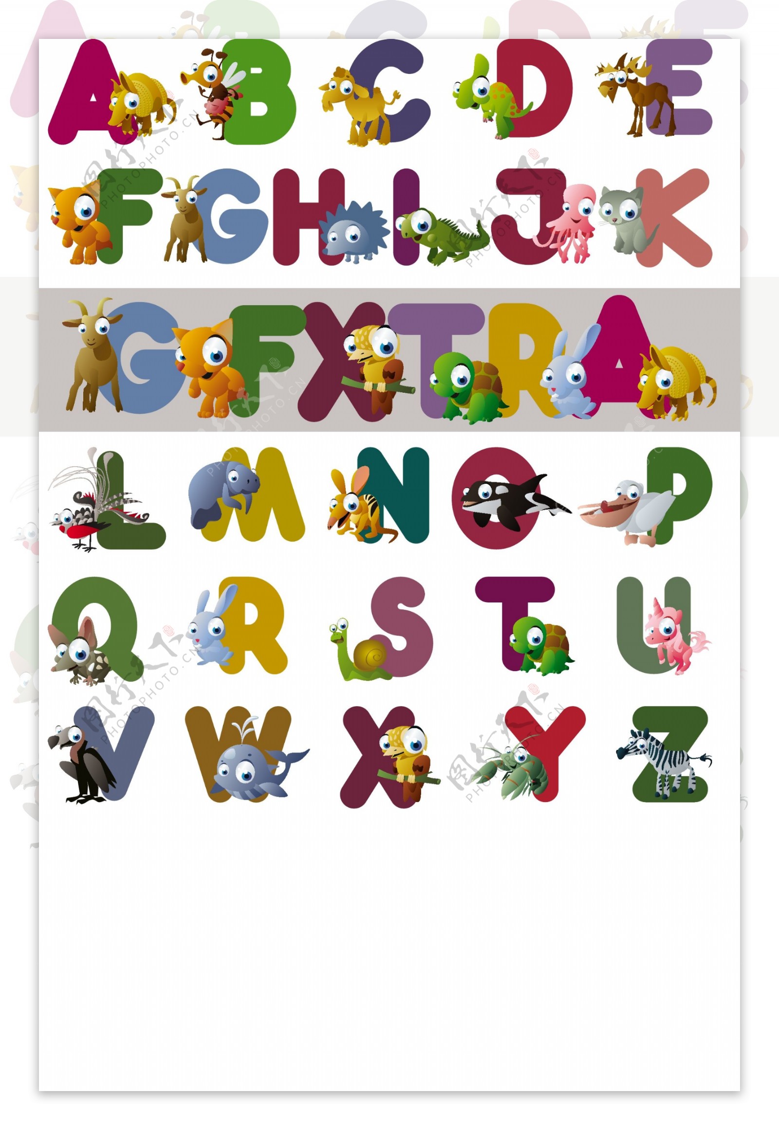 卡通动物字母表的字母矢量