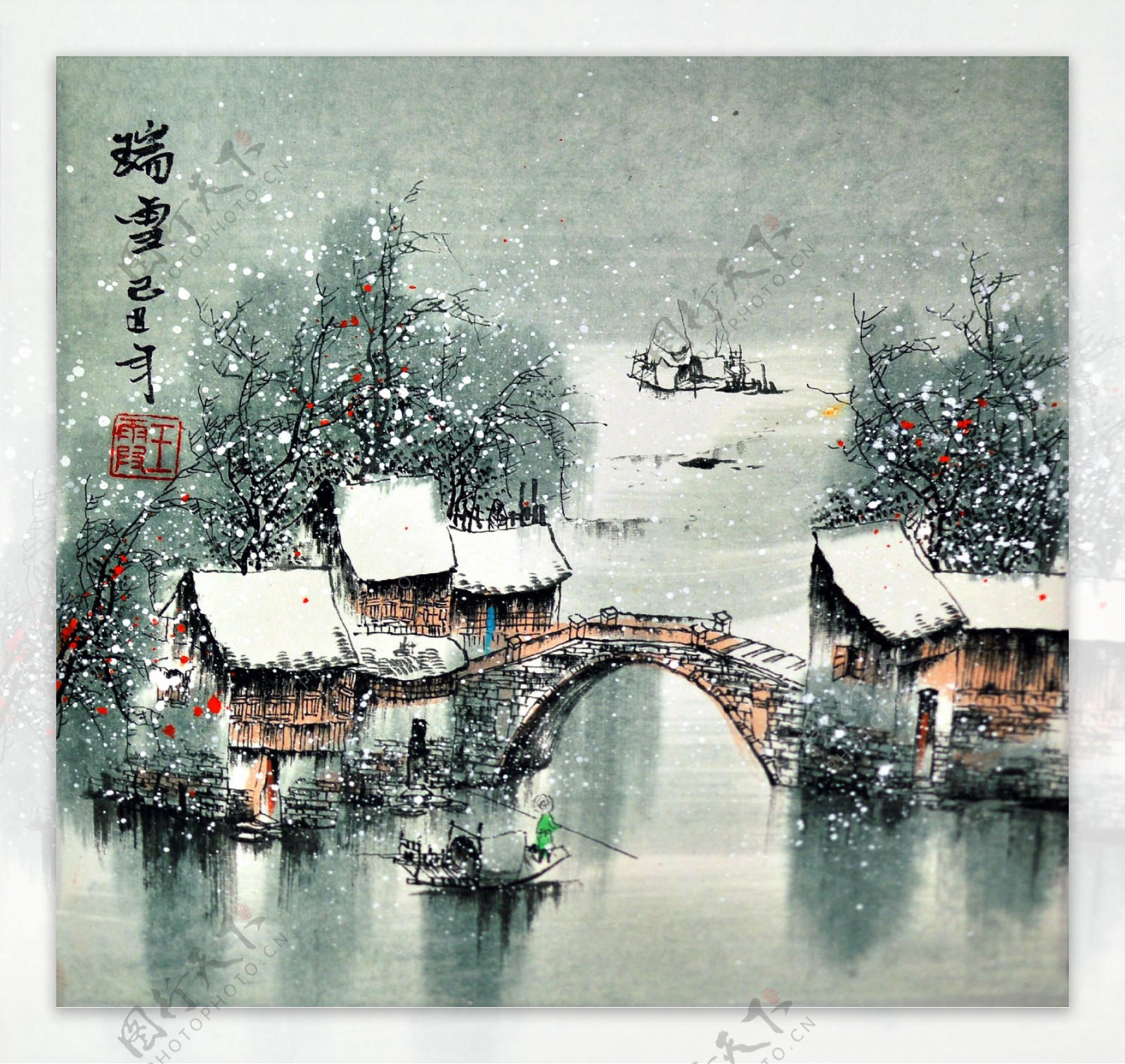 江南水乡小桥流水冬季雨雪风景油画篇