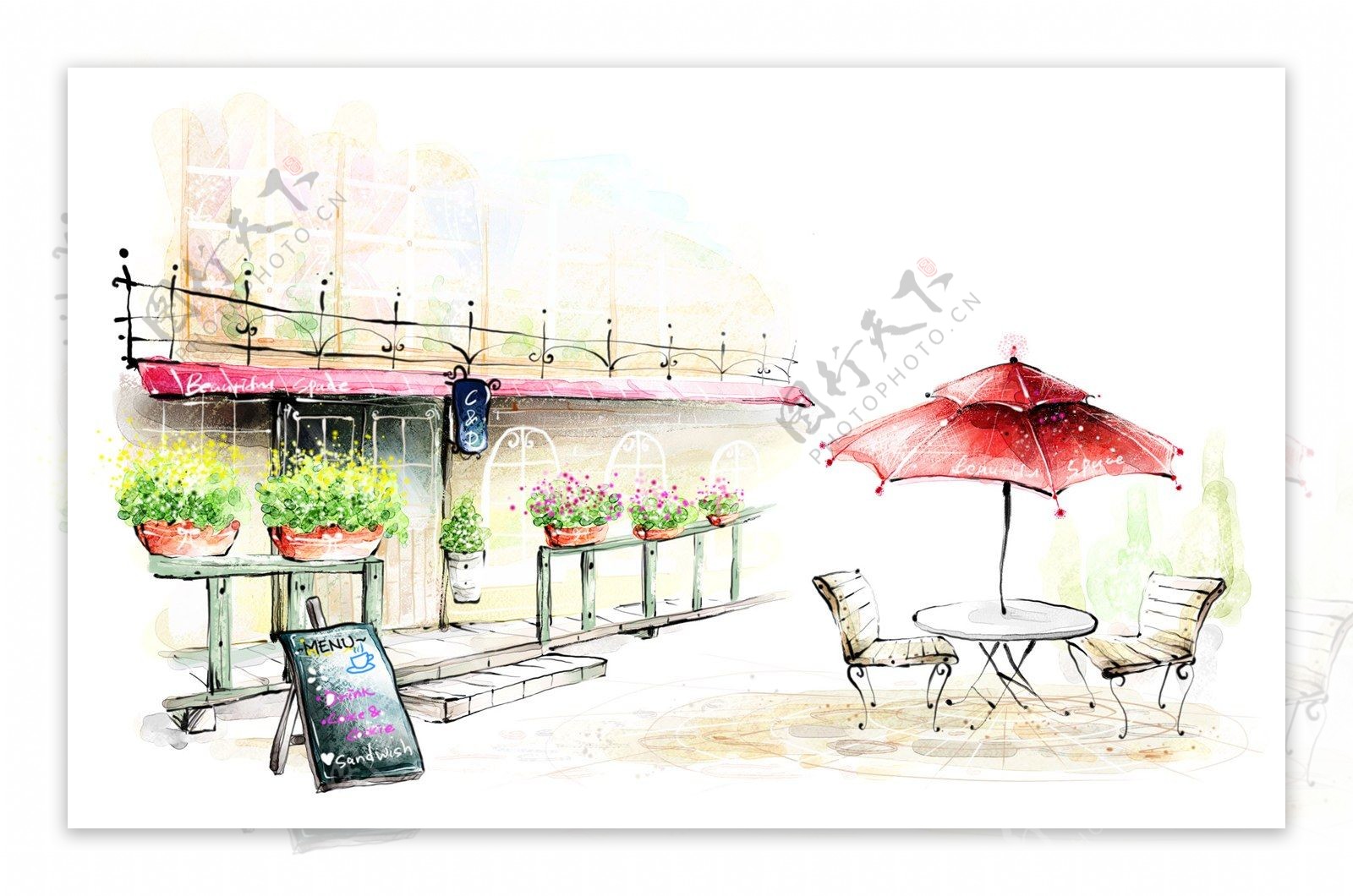 韩风手绘水彩插画街景咖啡厅
