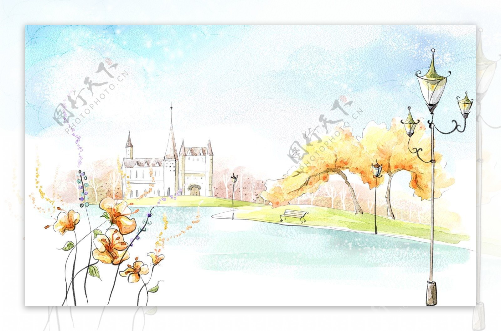 韩风手绘水彩插画公园城堡湖边